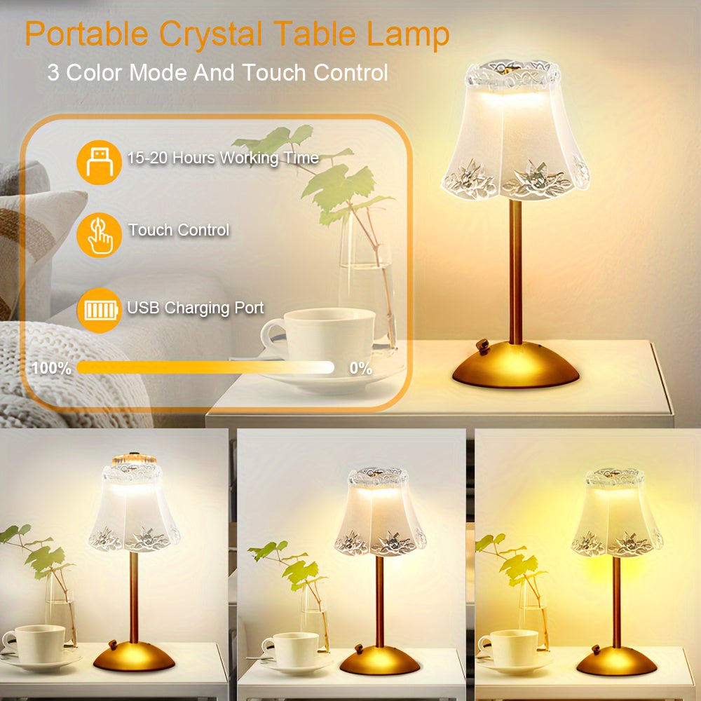 Portable Crystal Table Lamp with a Vintage Metal Design, Featuring Cordless Operation, Touch Control with Three Color Options, And Adjustable Brightness Levels, Perfect for Decorating Your Living Room, Kitchen, Or Dining Area