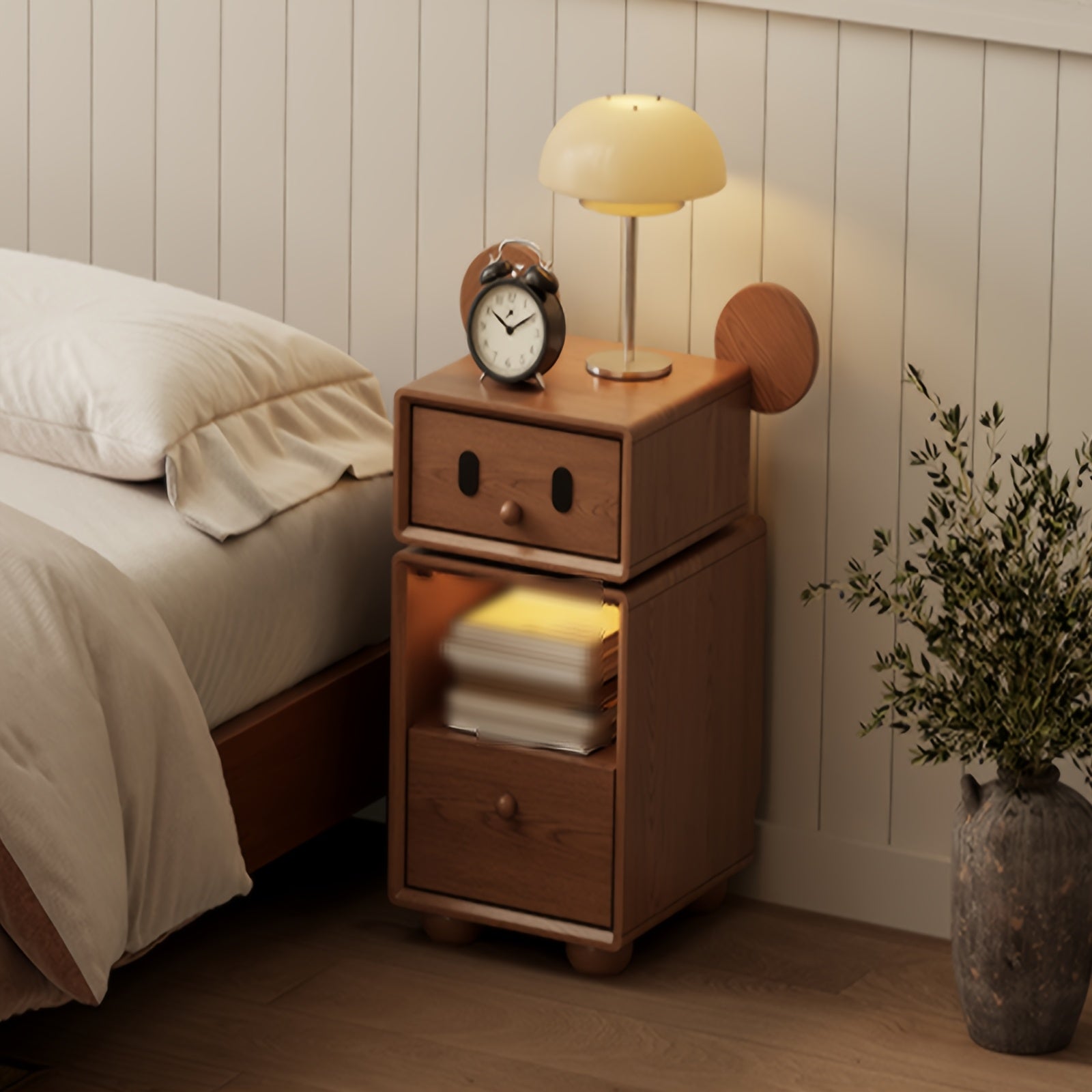 Solid Wood Cute Nightstand with 360° Rotating Drawers, Semi-Assembled Night Stand with 2 Drawers, Modern Fluted Bedside Tables for Bedroom, Living Room(Walnut), Christmas Gifts, Black Fridays Items, Free Shipping