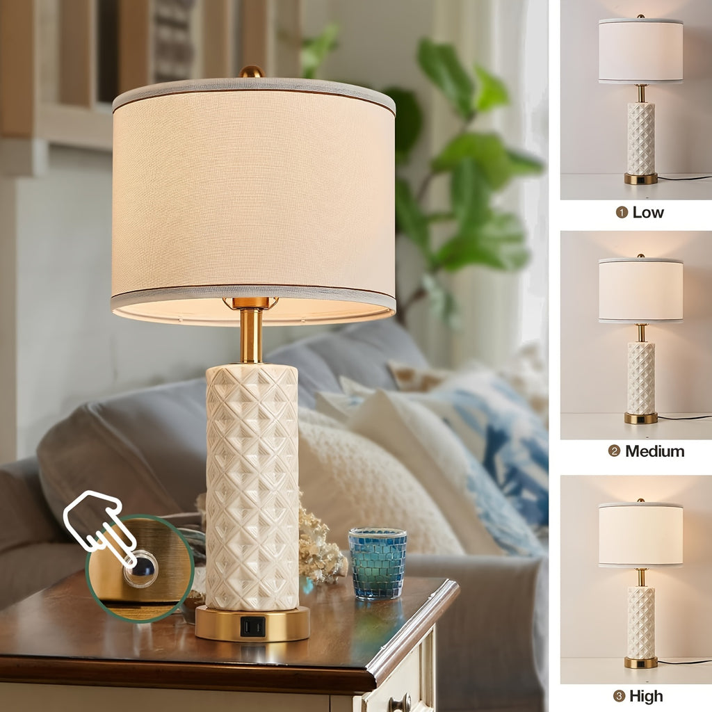 A set of 2 desk lamps with USB A+C port, 26 inch ceramic bedside desk lamp, 3-speed dimming, and linen lampshade for living room - including 2 light bulbs