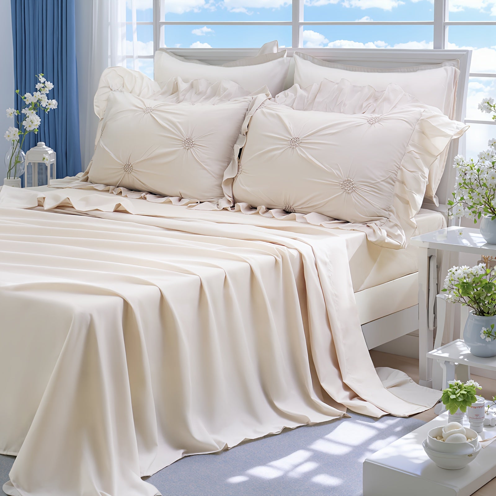 Pinch Pleat Ruffle Comforter Set, Beige Comforter Queen\u002FKing Size, Bed In A Bag Set, Room Decor Aesthetic Bedding Set 8pcs.1 Beige Comforter, 2 Pillowcases, 2 Pillow Shams, 1 Flat Sheet, 1 Fitted Sheet And 2 Decorative Boho Pillowcases