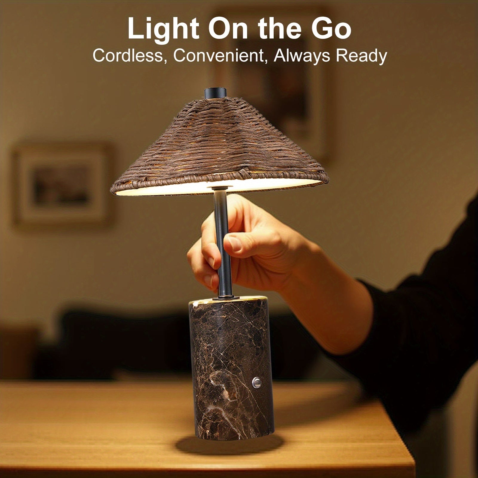 2pcs\u002F1pc 13 Inch Brown Boho Rattan Portable Table Lamp, 3 Color Touch Control, Dimmable, 3000K Soft, Marble Base And Handwoven Woven Rattan Shade, 3600mAh LED Rechargeable Cordless Bedside Lamp for Living Room, Dining Table, Bookcase Lighting