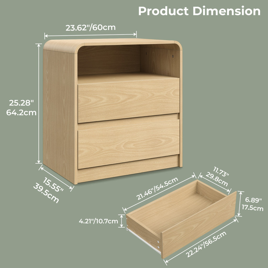 Solid Wood Bedside Table with Built-in Charging Station | Featuring Two Drawers and One Open Storage Compartment, Sleek Curved Handle-free Design, Ideal for Bedrooms, Dorm Rooms, and Compact Spaces