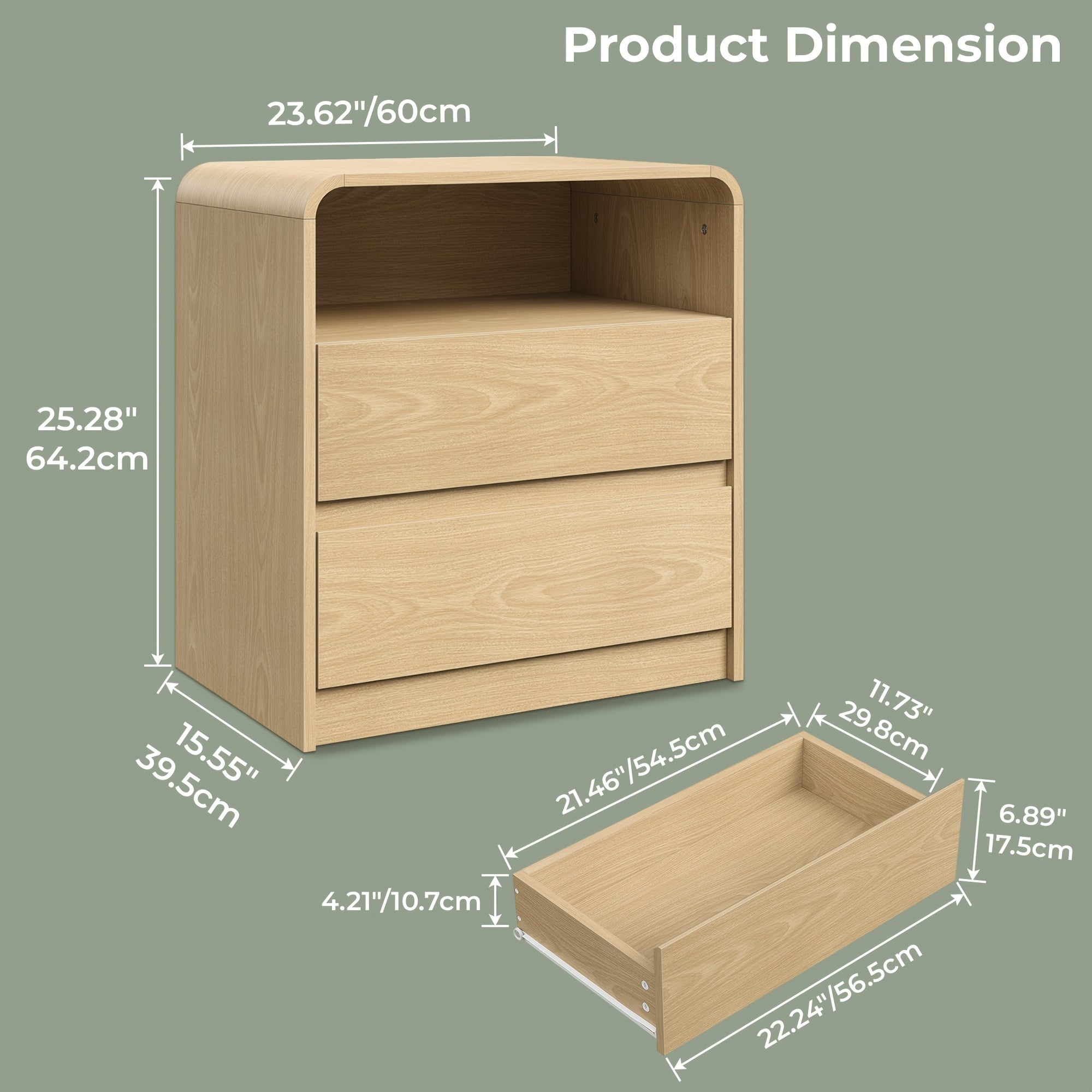 Solid Wood Bedside Table with Built-in Charging Station | Featuring Two Drawers and One Open Storage Compartment, Sleek Curved Handle-free Design, Ideal for Bedrooms, Dorm Rooms, and Compact Spaces