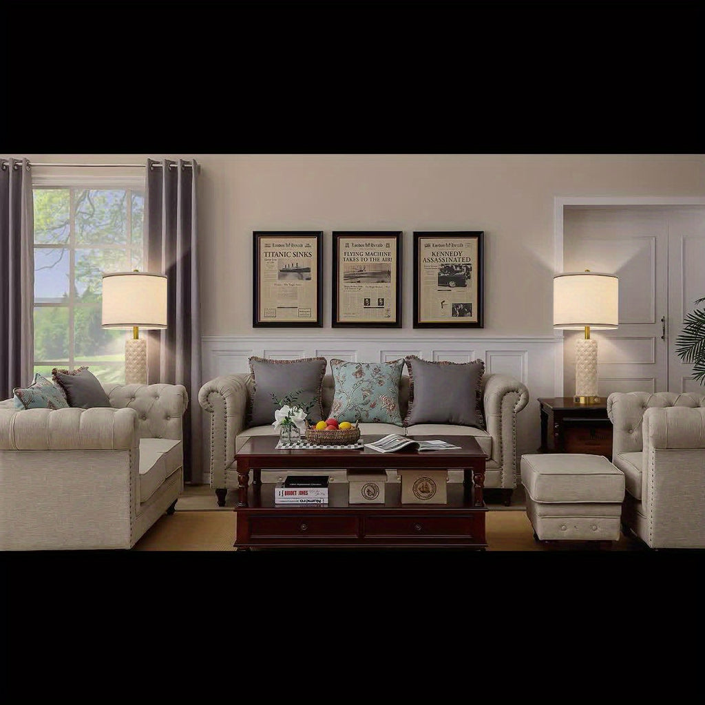 A set of 2 desk lamps with USB A+C port, 26 inch ceramic bedside desk lamp, 3-speed dimming, and linen lampshade for living room - including 2 light bulbs