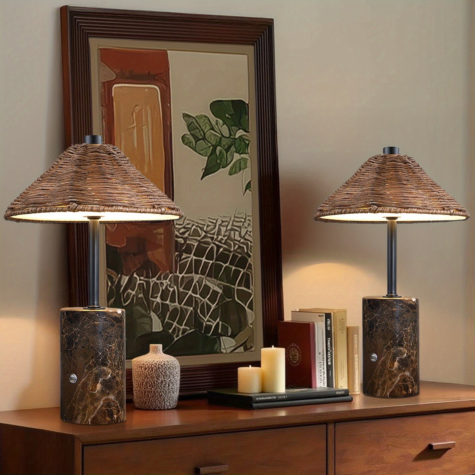 2pcs\u002F1pc 13 Inch Brown Boho Rattan Portable Table Lamp, 3 Color Touch Control, Dimmable, 3000K Soft, Marble Base And Handwoven Woven Rattan Shade, 3600mAh LED Rechargeable Cordless Bedside Lamp for Living Room, Dining Table, Bookcase Lighting