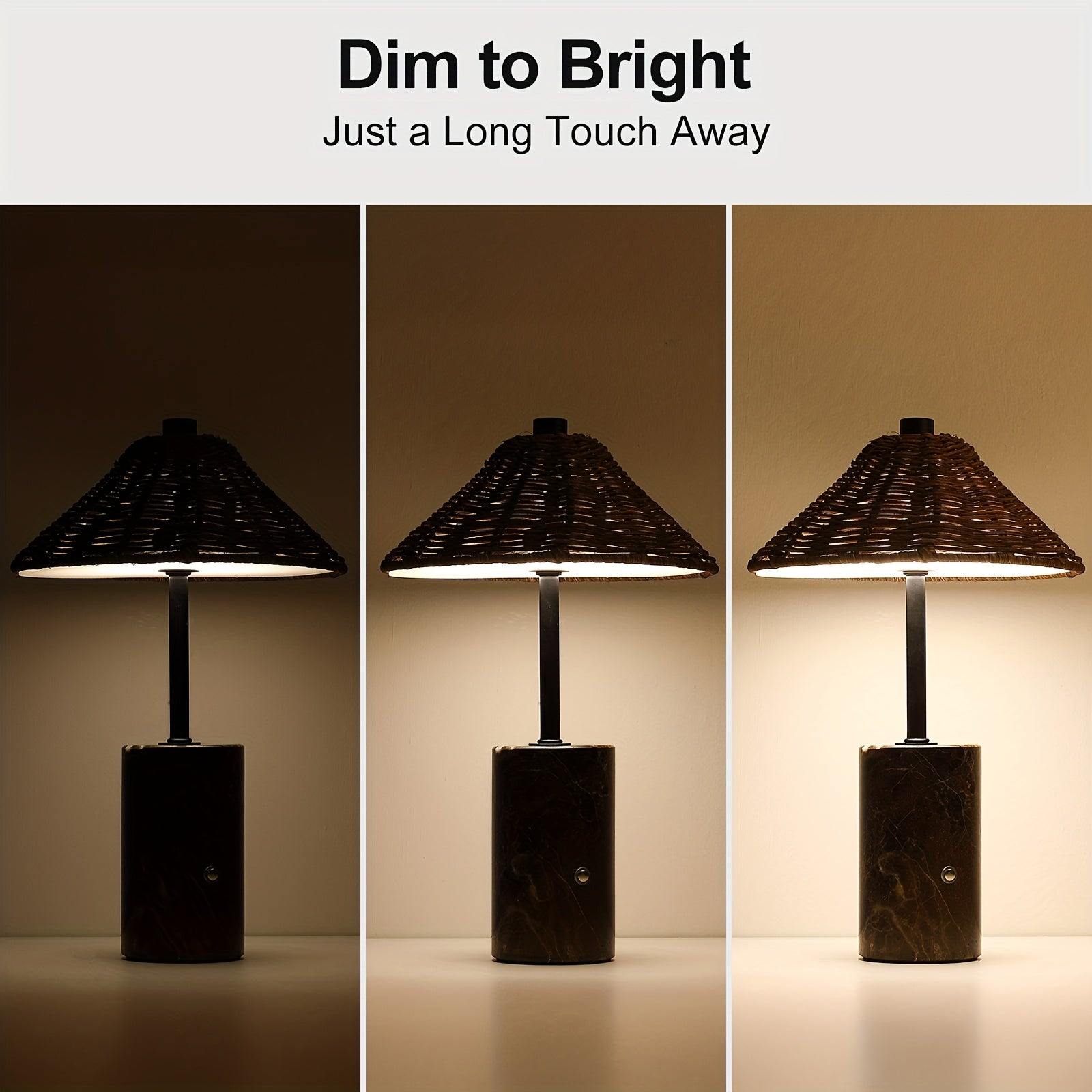 2pcs\u002F1pc 13 Inch Brown Boho Rattan Portable Table Lamp, 3 Color Touch Control, Dimmable, 3000K Soft, Marble Base And Handwoven Woven Rattan Shade, 3600mAh LED Rechargeable Cordless Bedside Lamp for Living Room, Dining Table, Bookcase Lighting