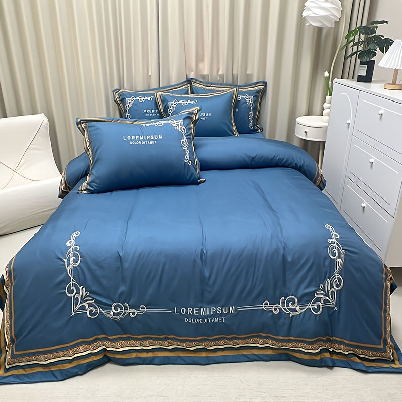 Luxurious 4pcs Bedding Set with Digital Print and Exquisite Detail - Elegant Blue and Golden Floral Design, Includes Duvet Cover, Bed Sheet, 2 Pillowcases, Machine Washable, All-Season Comfort, Duvet Insert Not Included, Bedding Set