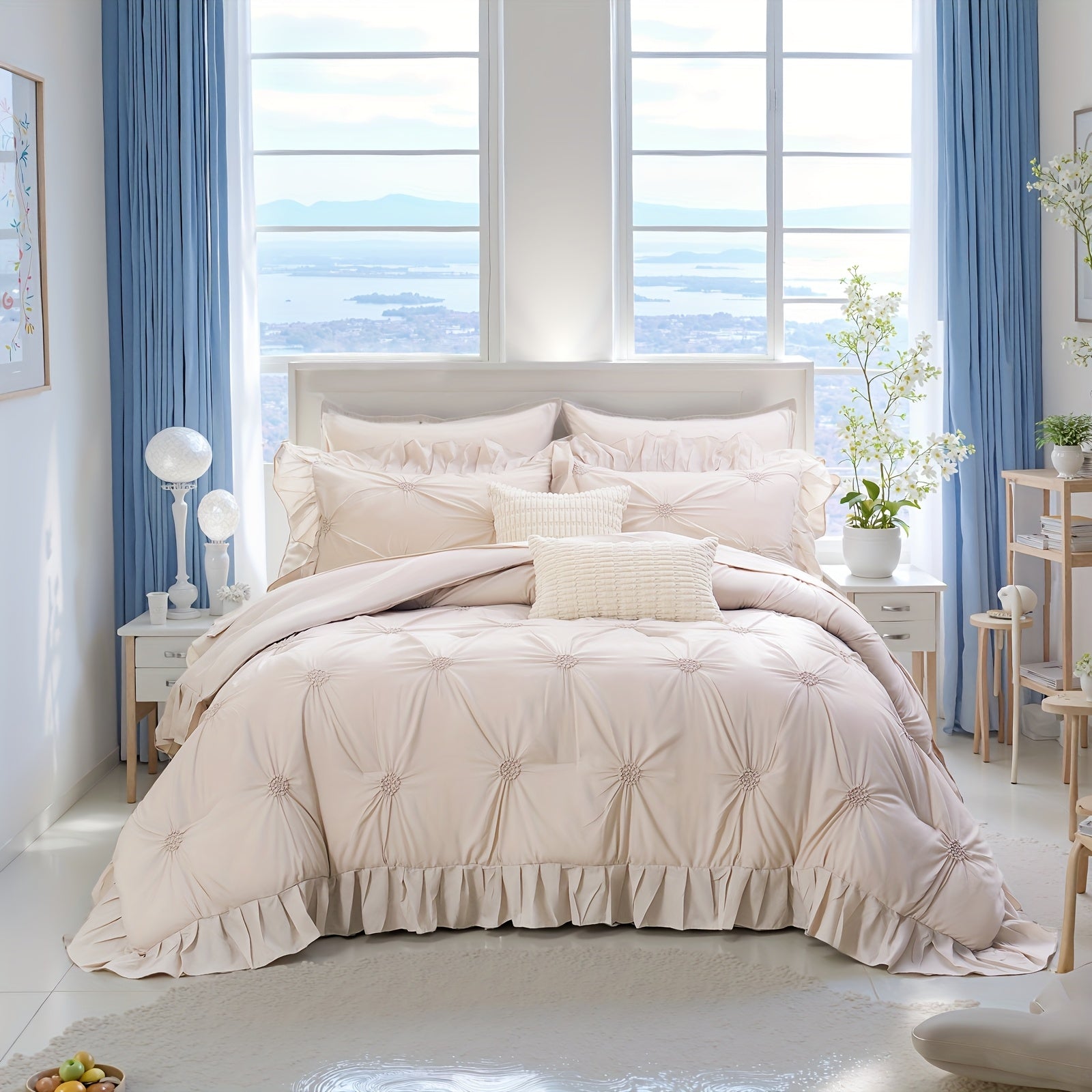 Pinch Pleat Ruffle Comforter Set, Beige Comforter Queen\u002FKing Size, Bed In A Bag Set, Room Decor Aesthetic Bedding Set 8pcs.1 Beige Comforter, 2 Pillowcases, 2 Pillow Shams, 1 Flat Sheet, 1 Fitted Sheet And 2 Decorative Boho Pillowcases