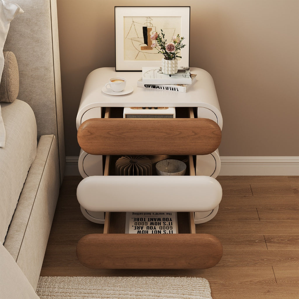 Swivel Nightstand with 3 Drawers Mid-Century Modern End Table Wood for Living Room Office Creative Idea(White, 15.75inch)