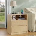 Solid Wood Bedside Table with Built-in Charging Station | Featuring Two Drawers and One Open Storage Compartment, Sleek Curved Handle-free Design, Ideal for Bedrooms, Dorm Rooms, and Compact Spaces