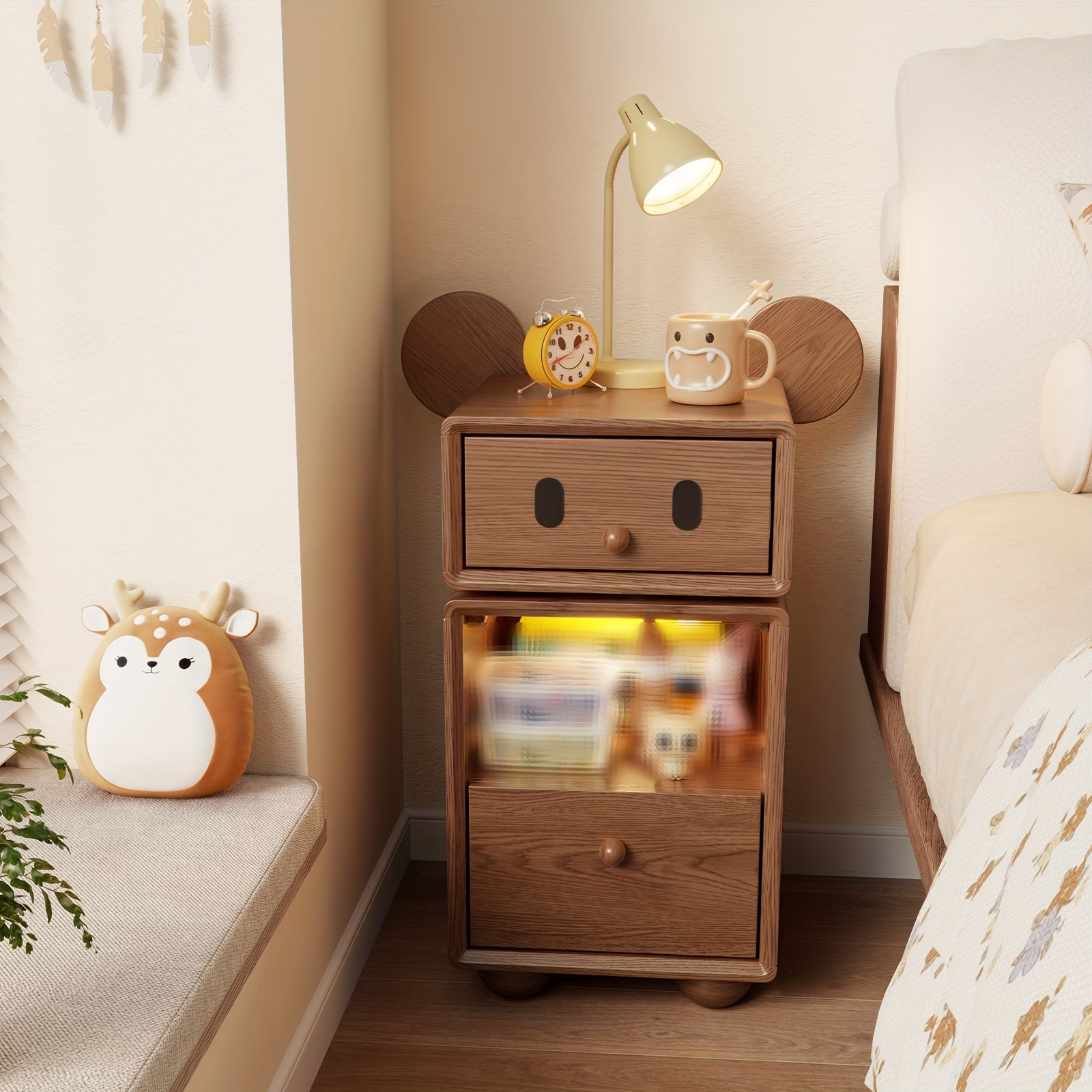 Solid Wood Cute Nightstand with 360° Rotating Drawers, Semi-Assembled Night Stand with 2 Drawers, Modern Fluted Bedside Tables for Bedroom, Living Room(Walnut), Christmas Gifts, Black Fridays Items, Free Shipping