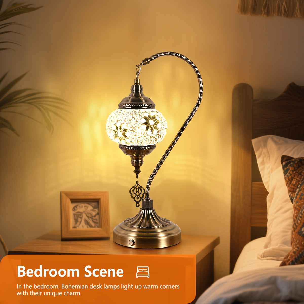 Portable Desk Lamp with a Rechargeable Feature, Inspired by Turkish And Moroccan Designs. This Bohemian Night Light Has a Swan-Neck Shape And Offers Three Color Settings. It Is Made of Mosaic Colored Glass And Comes with a 5000 Mah Battery
