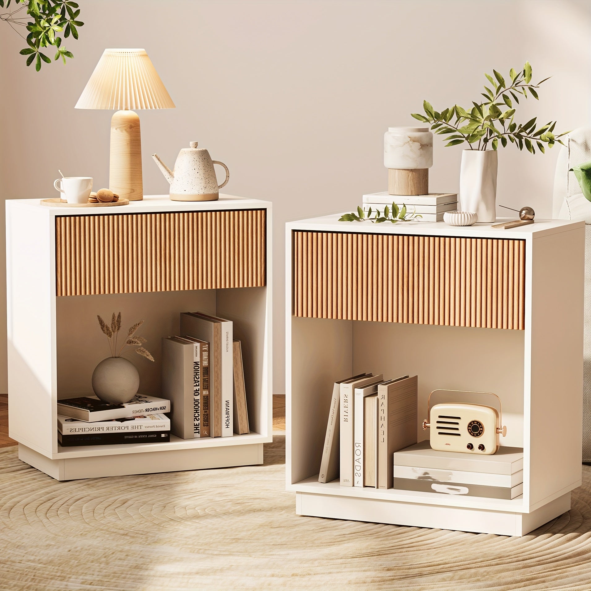 Set of 2 Modern Mid-Century White & Oak Fluted Nightstands - Bedside Tables with Drawer & Open Shelf, Particleboard &, Space-Saving End Tables for Bedroom, Living Room, Office, Sofa Side (Easy Assembly)