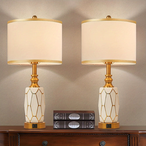 2 Touch Desk Lamps In The Bedroom, Living Room, Modern Ceramic Desk Lamp With USB Port, Bedside Bedside Bedside Lamp With Fabric Drum Lampshade, Including 2 Light Bulbs