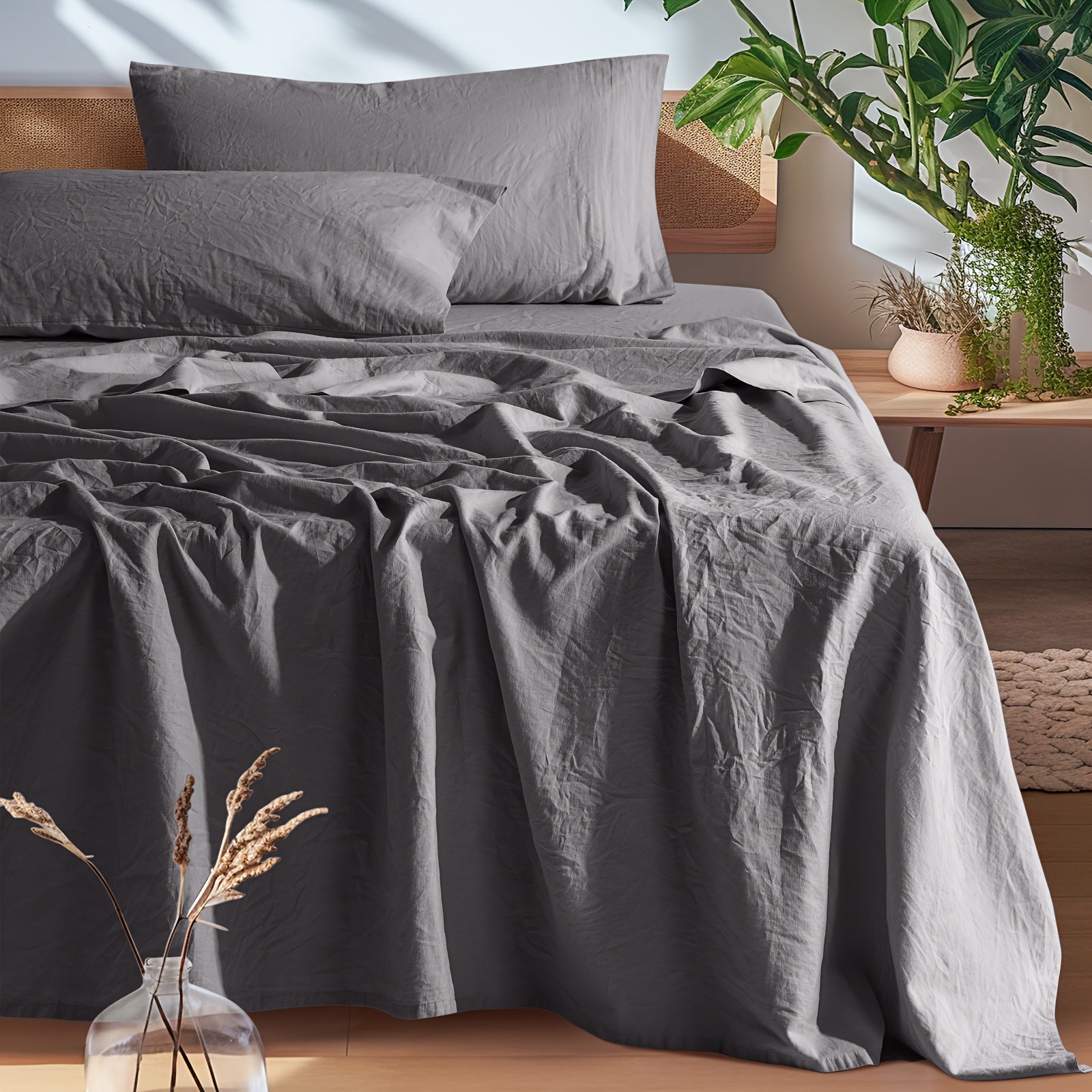 Linen Bed Sheets Set, Bed Sheets 4pcs Set, Solid Color Natural Flax Blend Soft Breathable Bedding, 16 Inches Deep Pocket, All Season