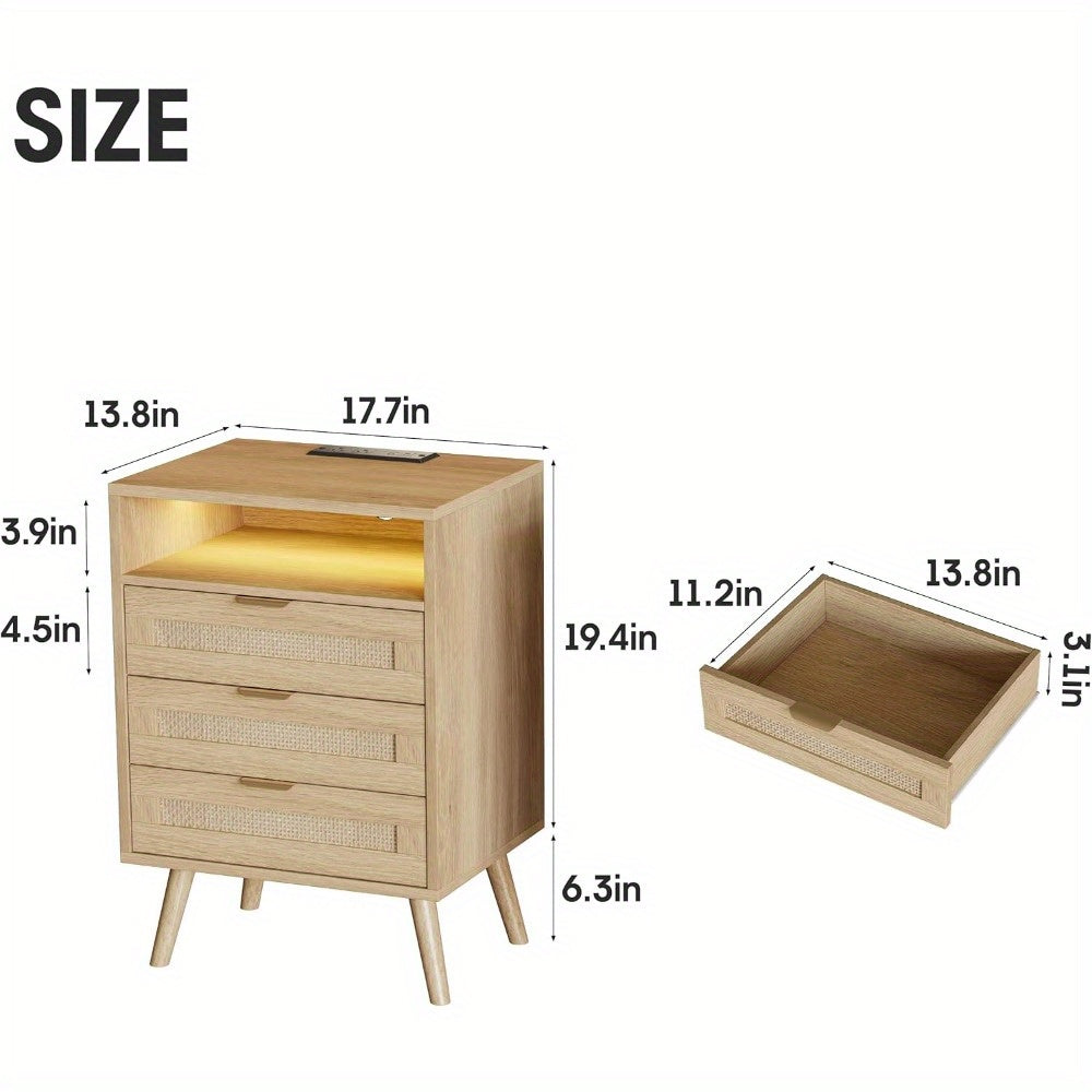 VABCHES 3 Storage Drawers Rattan Nightstand with Charging Station USB Port Led Lights 3 Storage Drawers, Bedroom Furniture Night Stand Bedside Table Bed Side Table End Table Sofa Table