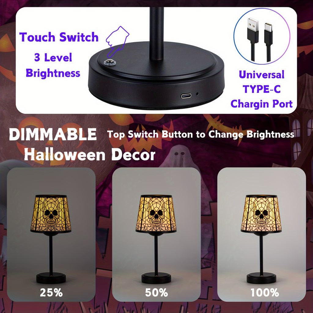 2pcs Rechargeable Skull Desk Lamp - Cordless Desk Lamp, Gothic Home Decoration 3-channel Dimmable Touch Desk Lamp, Gothic Room Decoration Skull Lamp, Halloween Decoration Skull Lamp