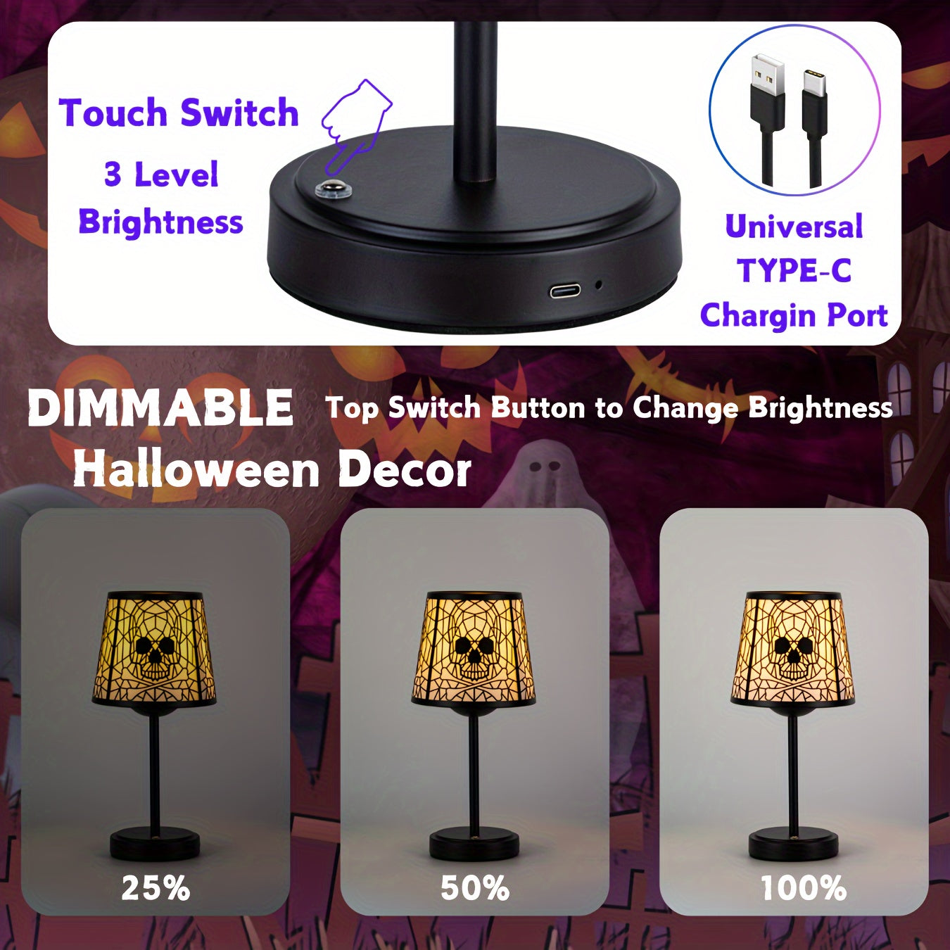 2pcs Rechargeable Skull Desk Lamp - Cordless Desk Lamp, Gothic Home Decoration 3-channel Dimmable Touch Desk Lamp, Gothic Room Decoration Skull Lamp, Halloween Decoration Skull Lamp
