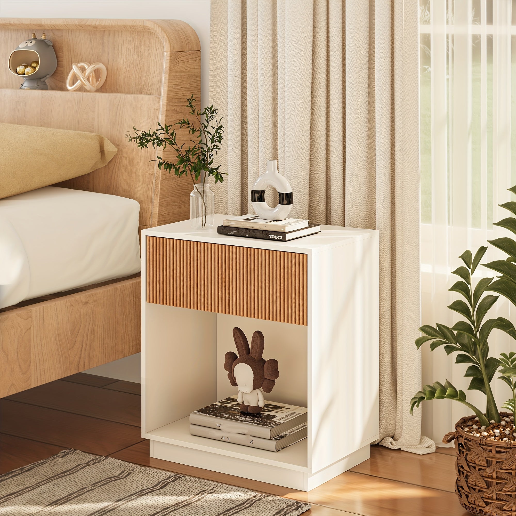 Set of 2 Modern Mid-Century White & Oak Fluted Nightstands - Bedside Tables with Drawer & Open Shelf, Particleboard &, Space-Saving End Tables for Bedroom, Living Room, Office, Sofa Side (Easy Assembly)