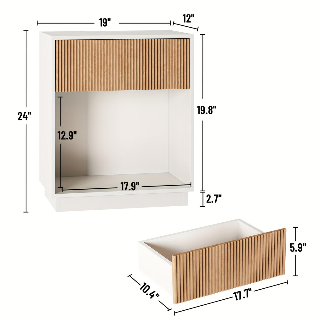 Set of 2 Modern Mid-Century White & Oak Fluted Nightstands - Bedside Tables with Drawer & Open Shelf, Particleboard &, Space-Saving End Tables for Bedroom, Living Room, Office, Sofa Side (Easy Assembly)