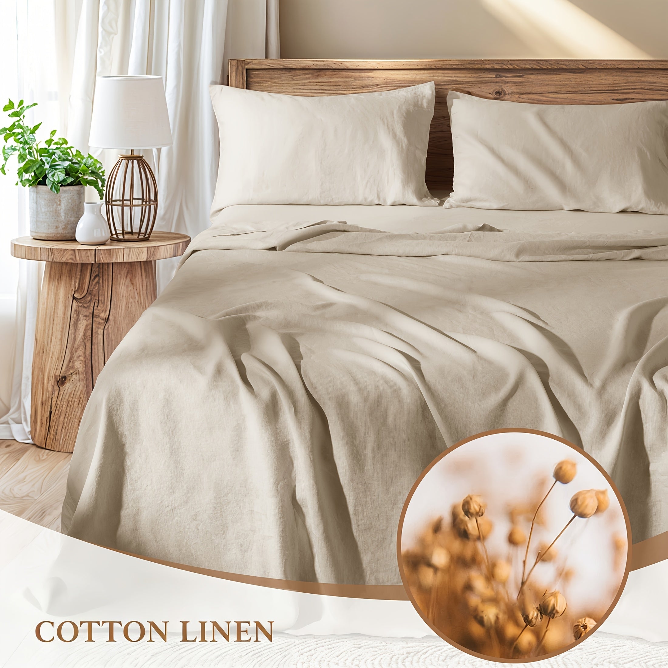 Linen Bed Sheets Set, Bed Sheets 4pcs Set, Solid Color Natural Flax Blend Soft Breathable Bedding, 16 Inches Deep Pocket, All Season