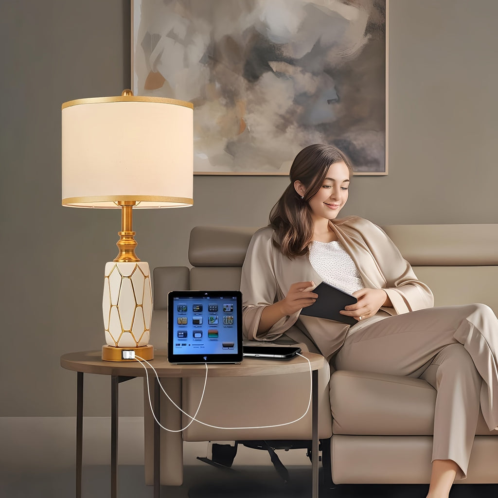 2 Touch Desk Lamps In The Bedroom, Living Room, Modern Ceramic Desk Lamp With USB Port, Bedside Bedside Bedside Lamp With Fabric Drum Lampshade, Including 2 Light Bulbs