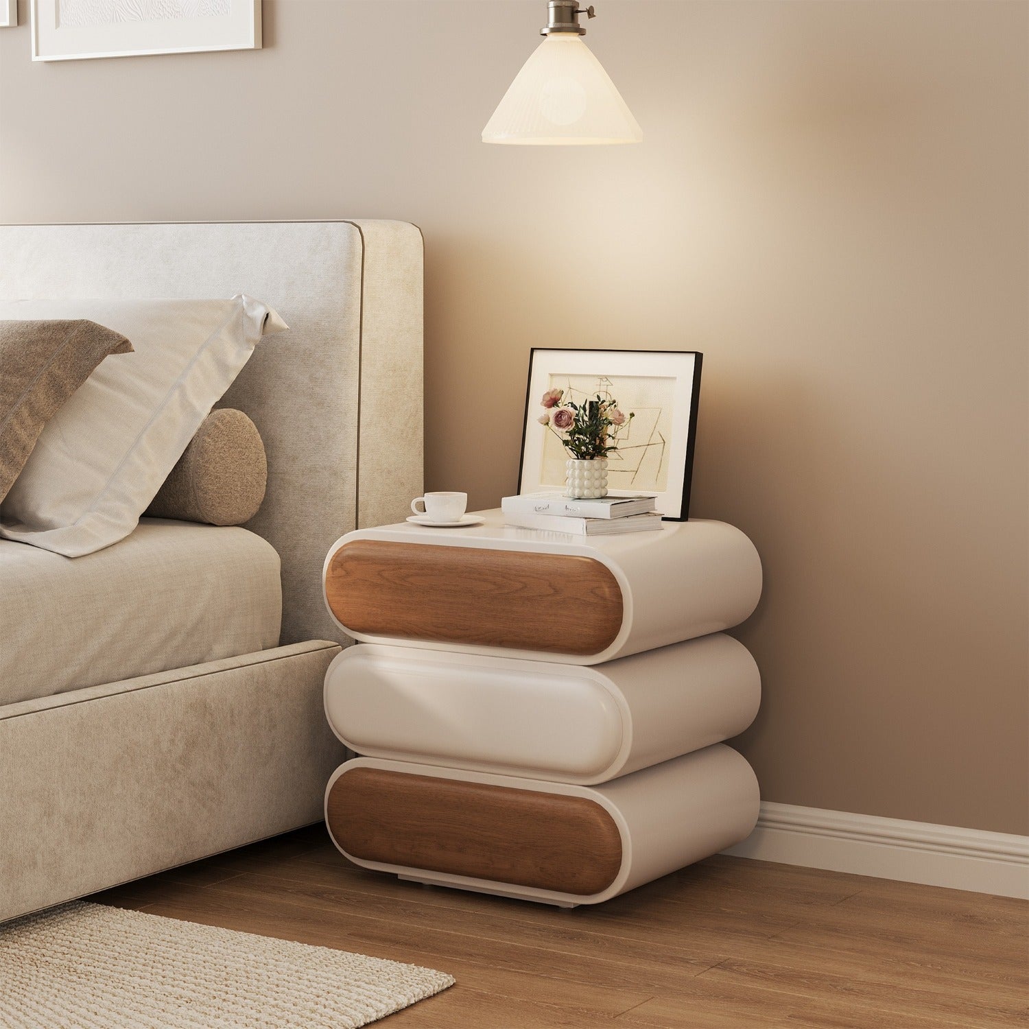 Swivel Nightstand with 3 Drawers Mid-Century Modern End Table Wood for Living Room Office Creative Idea(White, 15.75inch)