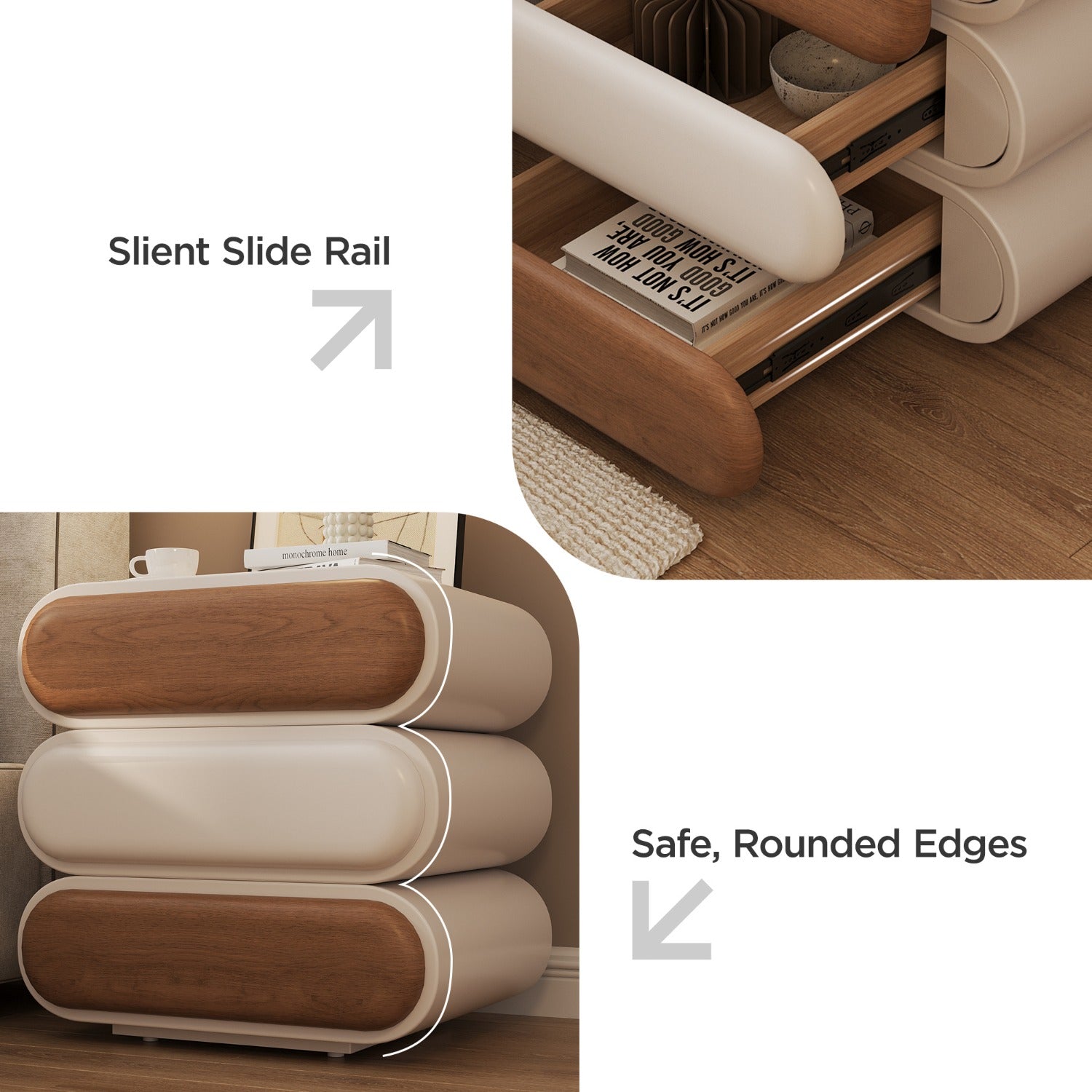 Swivel Nightstand with 3 Drawers Mid-Century Modern End Table Wood for Living Room Office Creative Idea(White, 15.75inch)