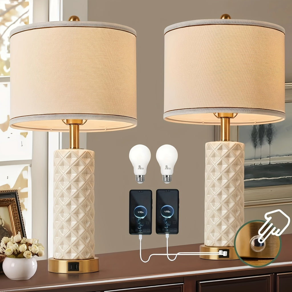 A set of 2 desk lamps with USB A+C port, 26 inch ceramic bedside desk lamp, 3-speed dimming, and linen lampshade for living room - including 2 light bulbs