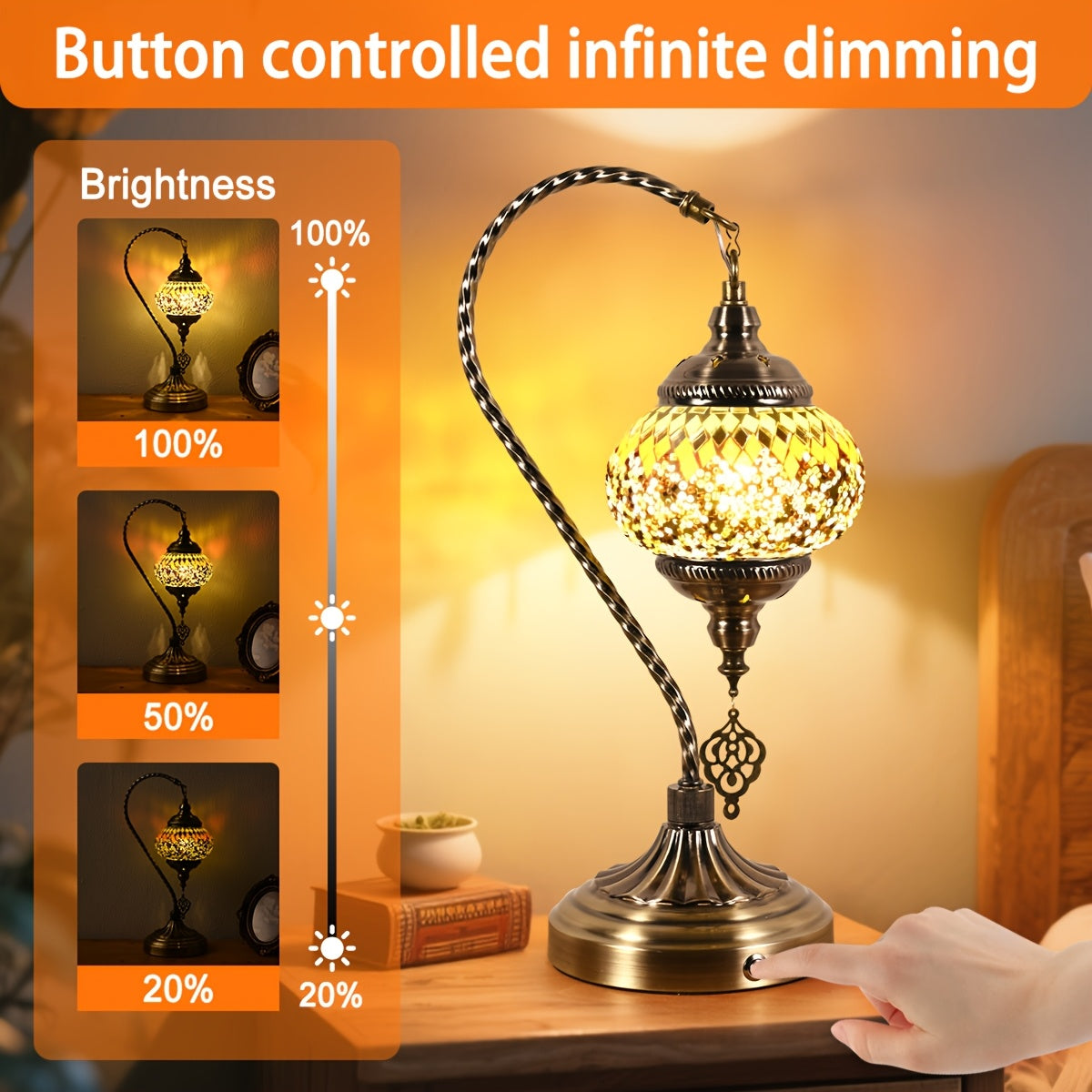 Portable Desk Lamp with a Rechargeable Feature, Inspired by Turkish And Moroccan Designs. This Bohemian Night Light Has a Swan-Neck Shape And Offers Three Color Settings. It Is Made of Mosaic Colored Glass And Comes with a 5000 Mah Battery