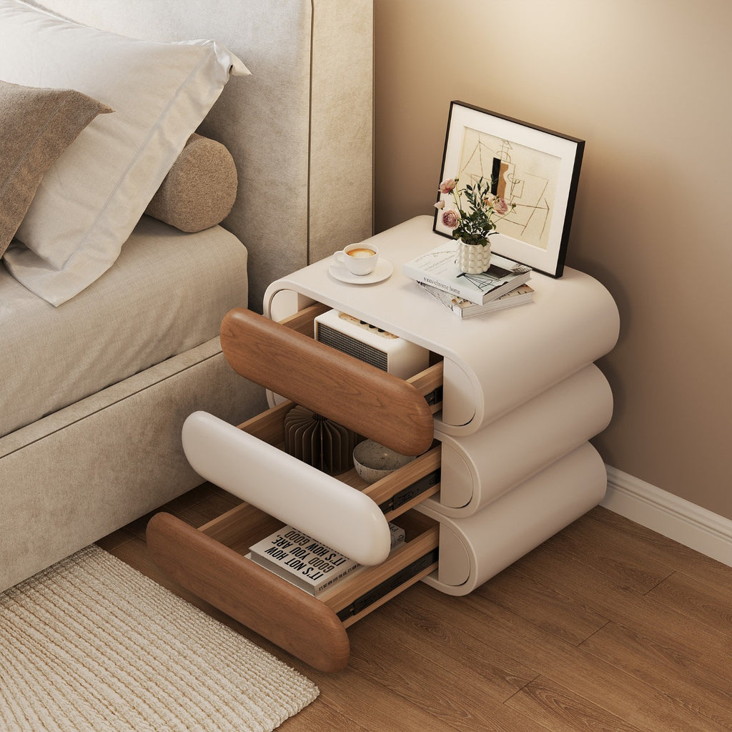 Swivel Nightstand with 3 Drawers Mid-Century Modern End Table Wood for Living Room Office Creative Idea(White, 15.75inch)