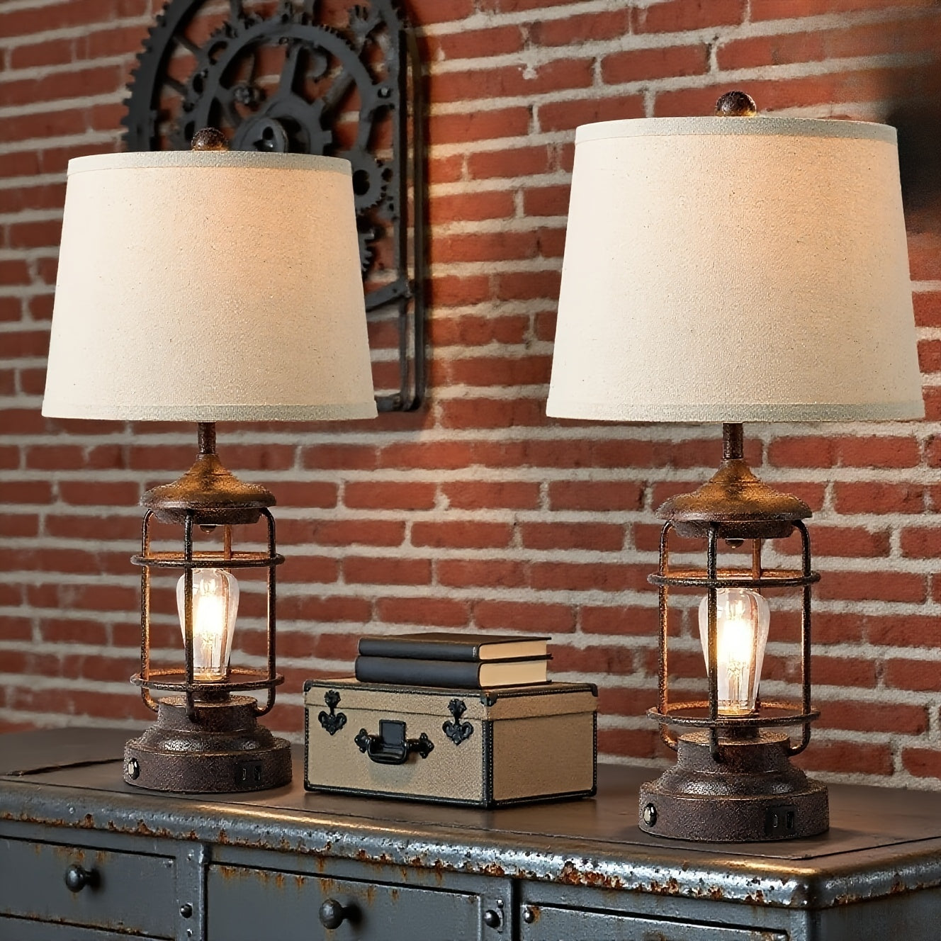 2 Set Farmhouse Table Lamps with 4 LED Bulbs, 9W Bright Rotary Switch Top Light + Touch Contorl 3 Way Dimmable Bird Cage Nightstand Light, Dual USB Ports, Natural Linen Shade, Metal, Black, 22 Inch