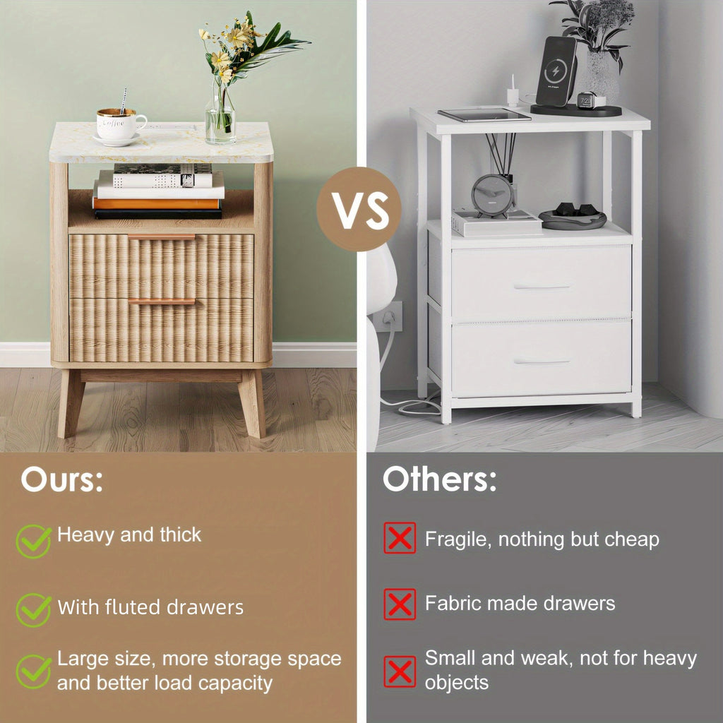 Modern Bedside Table with Storage Drawer and Open Wood Shelf | Accent Night Stand with Wood Legs, Easy Assembly, Suitable for Living Room, Bedroom, and Small Spaces, Made of Artificial Board and Hardwood, WHONLINE Brand, Storage Drawer Units