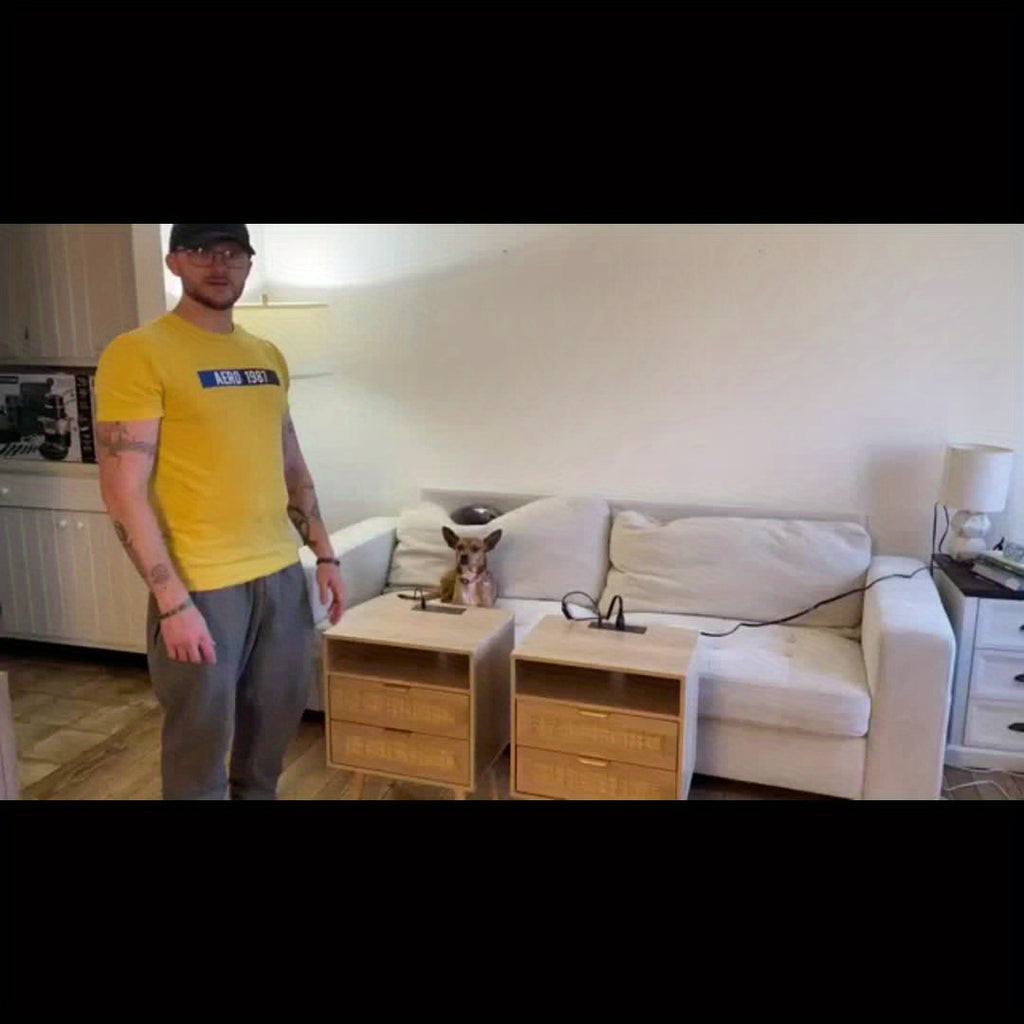 VABCHES 3 Storage Drawers Rattan Nightstand with Charging Station USB Port Led Lights 3 Storage Drawers, Bedroom Furniture Night Stand Bedside Table Bed Side Table End Table Sofa Table