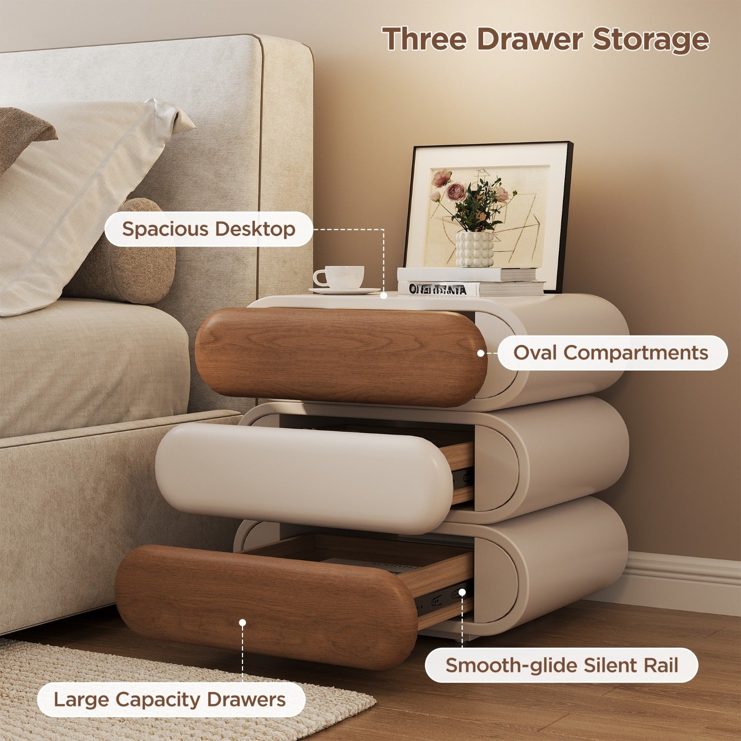 Swivel Nightstand with 3 Drawers Mid-Century Modern End Table Wood for Living Room Office Creative Idea(White, 15.75inch)