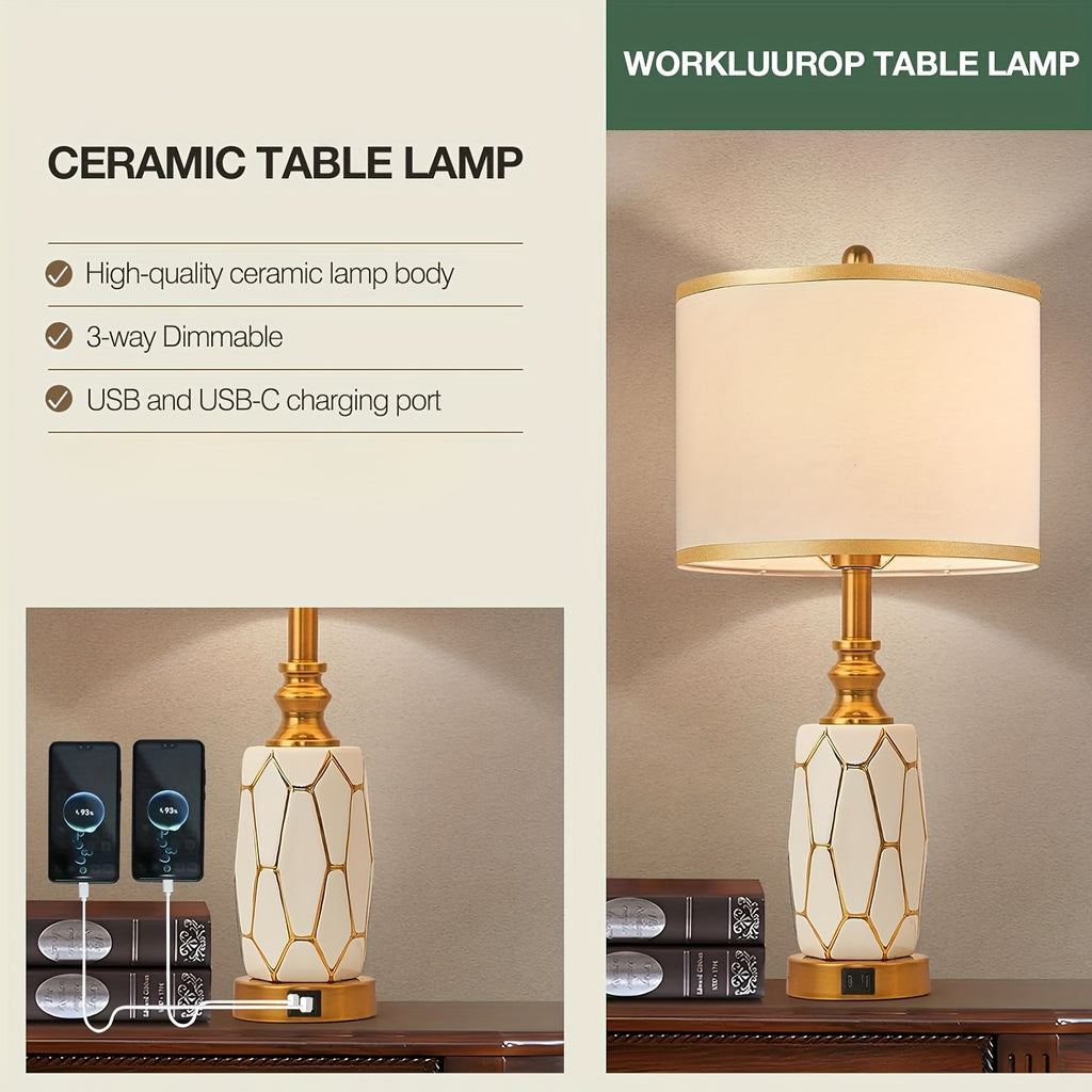 2 Touch Desk Lamps In The Bedroom, Living Room, Modern Ceramic Desk Lamp With USB Port, Bedside Bedside Bedside Lamp With Fabric Drum Lampshade, Including 2 Light Bulbs