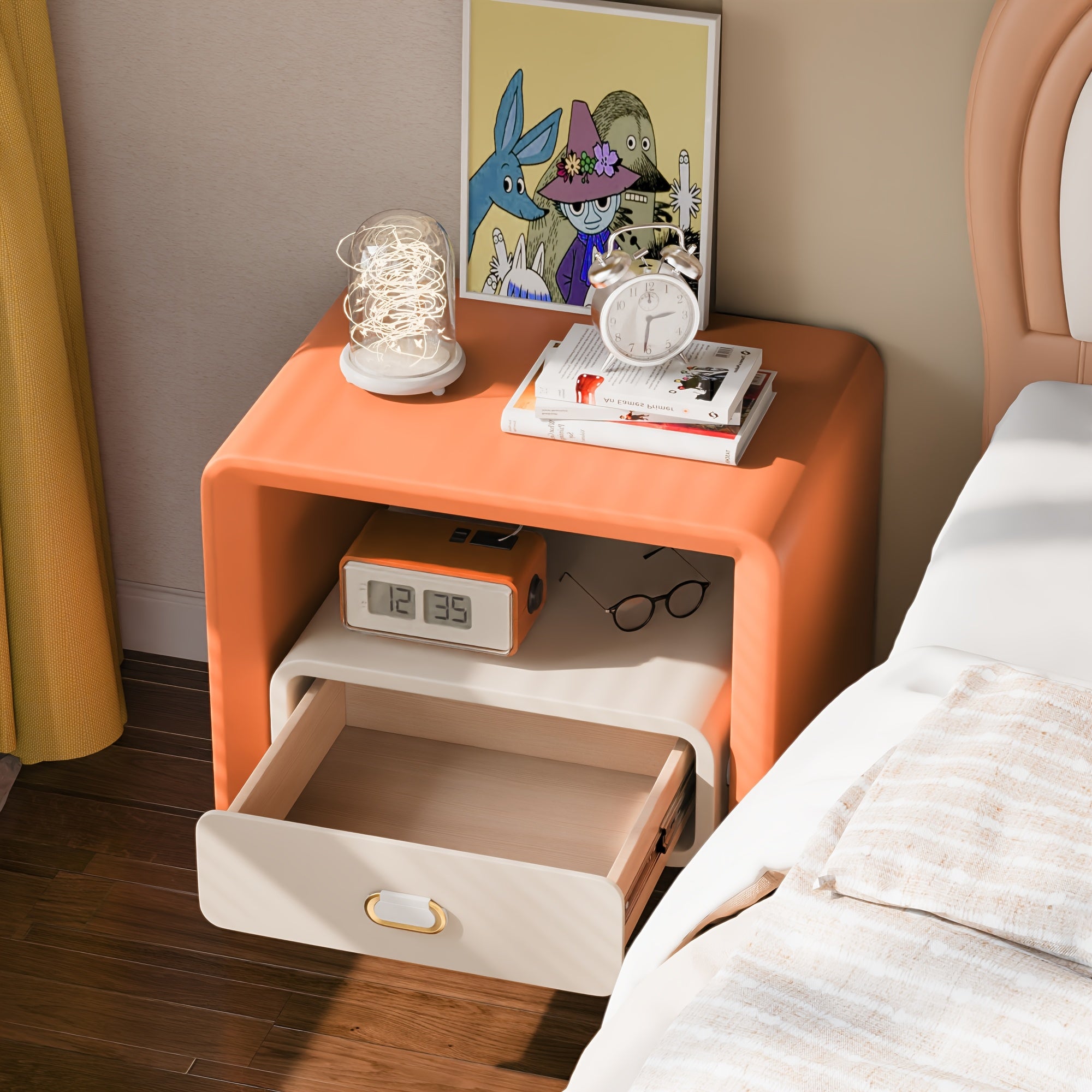 Hollow Solid Wood Nightstand With Drawers And Bedroom Storage, Bedroom Furniture, Orange + White