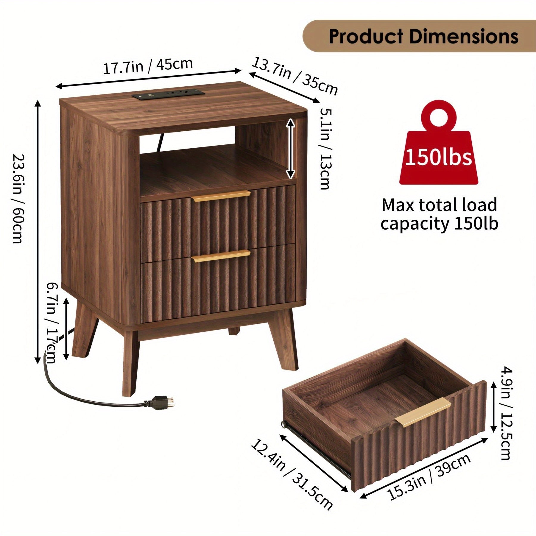 Large Fluted Night Stand with Charging Station | Mid Century Modern Bedroom Side Table with 2 Drawers and Open Storage Space, Wood Color, 17.7 x 13.7 x 23.6 inches, Hardwood and Artificial Board Material, TOMNK Brand