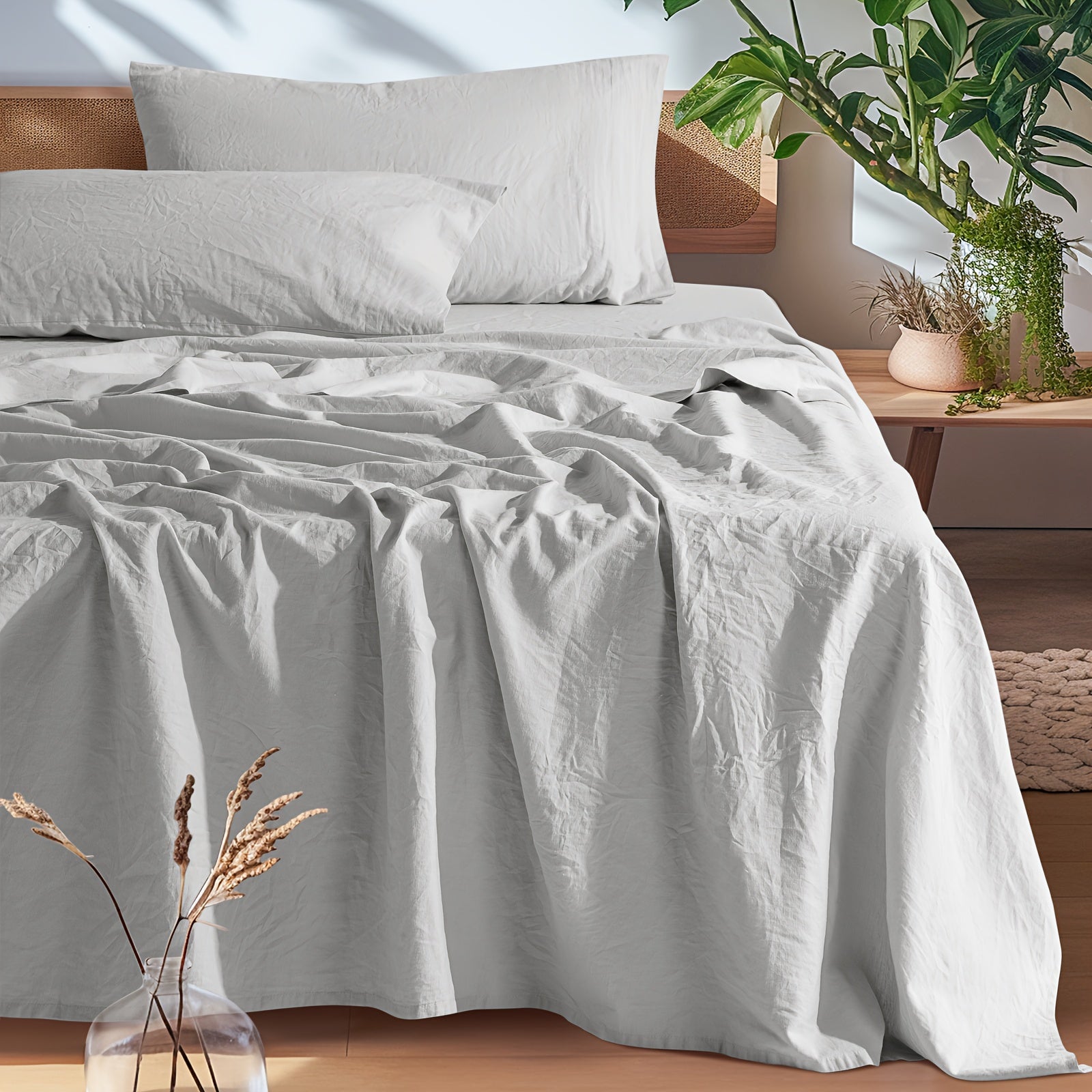 Linen Bed Sheets Set, Bed Sheets 4pcs Set, Solid Color Natural Flax Blend Soft Breathable Bedding, 16 Inches Deep Pocket, All Season