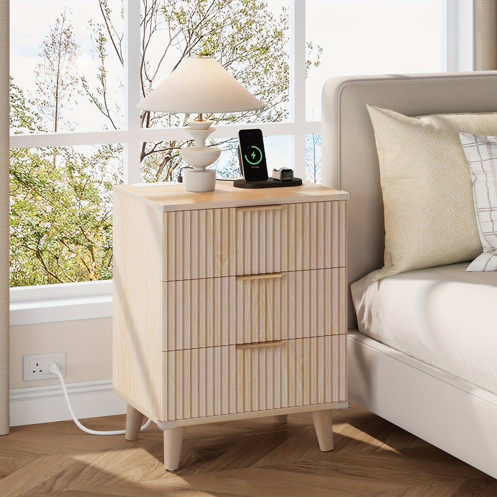 1pc Nightstand With Charging Station, Side Table With 3 Drawers, Bedside End Table With 2 USB Ports And 2 AC Outlets, Night Stand For Bedroom, Small Dresser For Small Spaces