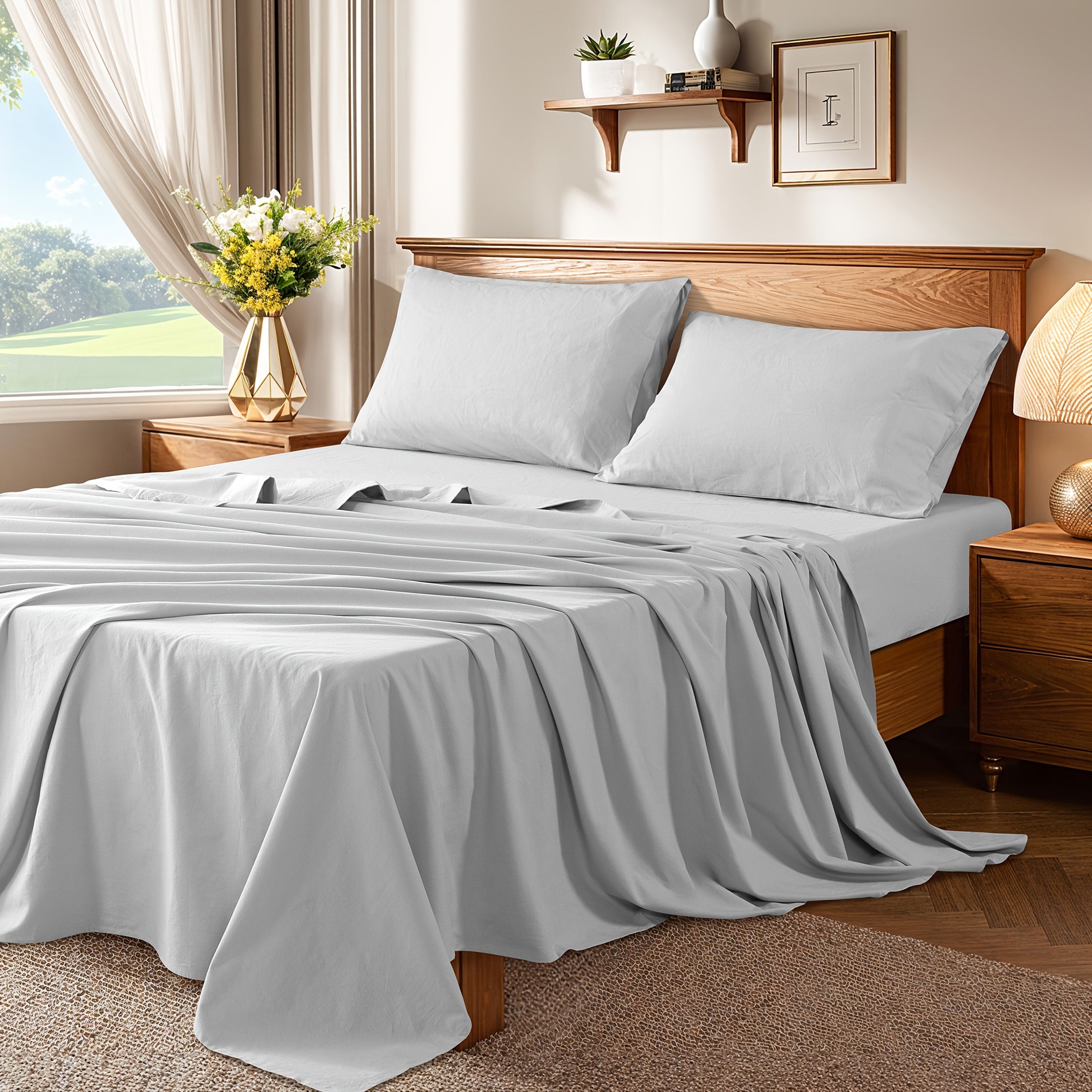 4pcs Bed Set, Breathable and Durable Bed Sheets, 16-Inch Deep Pocket Fitted Sheet, Machine Washable, All Season Use, Perfect Gift for Family or Friends (1 Flat Sheet + 1 Fitted Sheet + 2 Pillowcases)