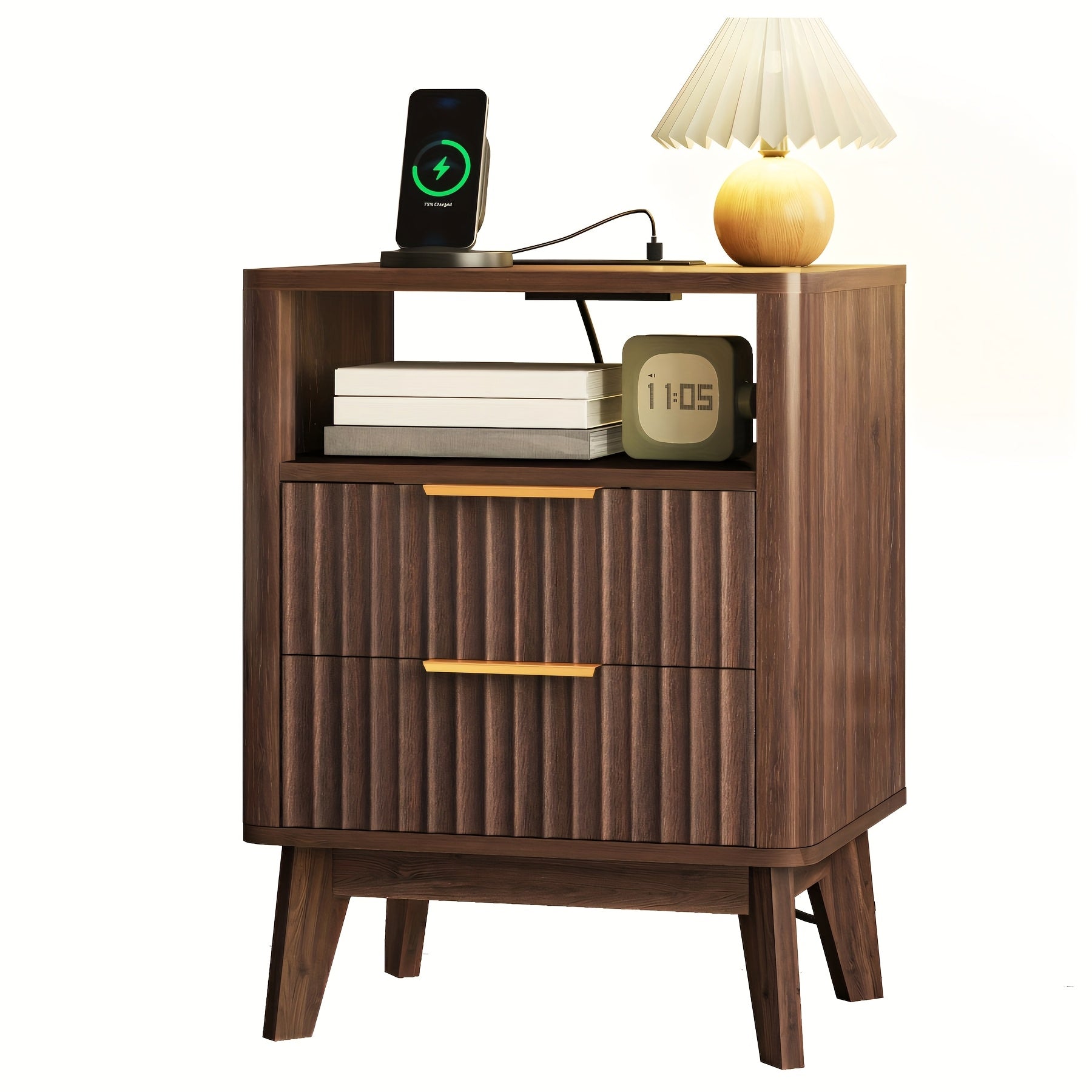 Large Fluted Night Stand with Charging Station | Mid Century Modern Bedroom Side Table with 2 Drawers and Open Storage Space, Wood Color, 17.7 x 13.7 x 23.6 inches, Hardwood and Artificial Board Material, TOMNK Brand