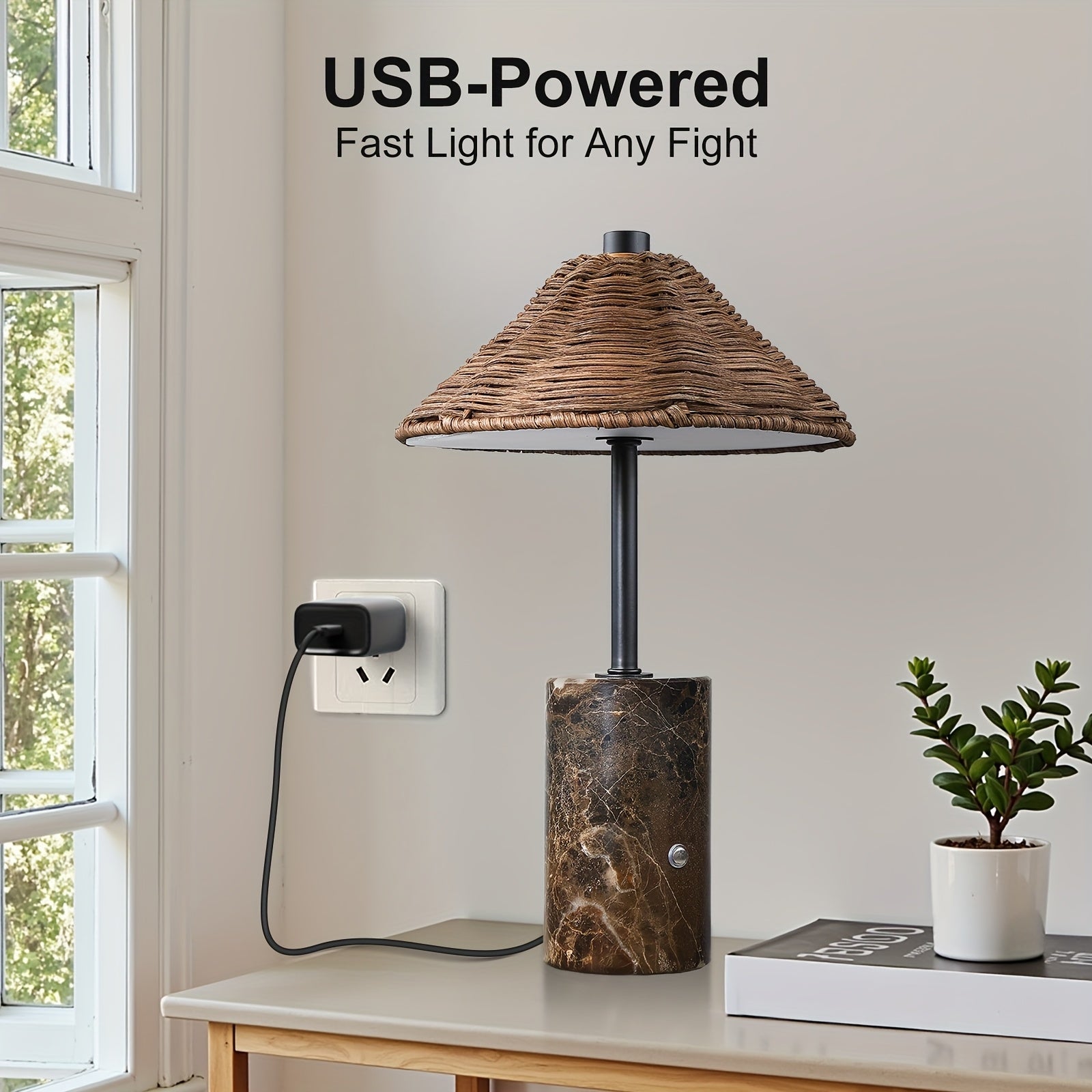 2pcs\u002F1pc 13 Inch Brown Boho Rattan Portable Table Lamp, 3 Color Touch Control, Dimmable, 3000K Soft, Marble Base And Handwoven Woven Rattan Shade, 3600mAh LED Rechargeable Cordless Bedside Lamp for Living Room, Dining Table, Bookcase Lighting