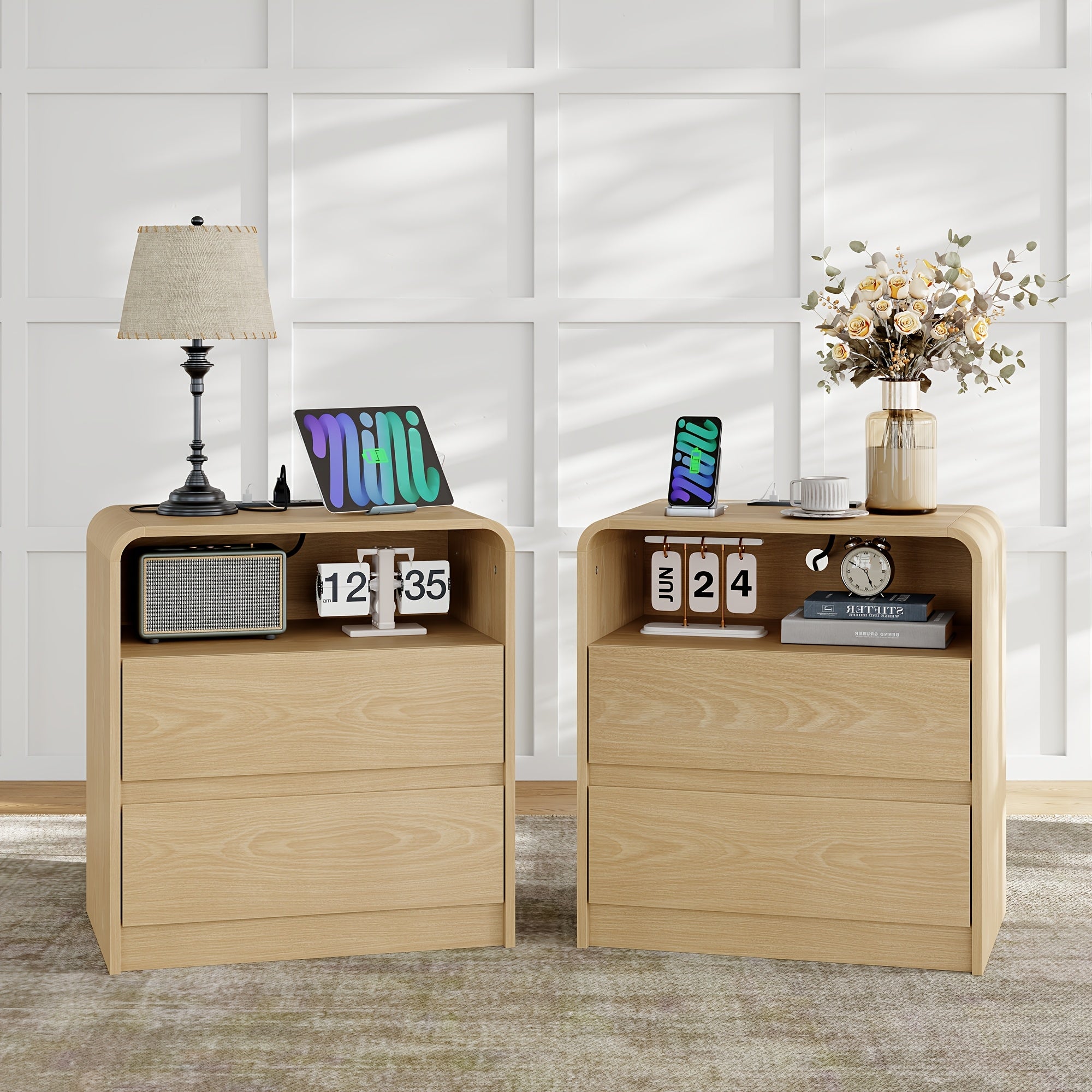 Solid Wood Bedside Table with Built-in Charging Station | Featuring Two Drawers and One Open Storage Compartment, Sleek Curved Handle-free Design, Ideal for Bedrooms, Dorm Rooms, and Compact Spaces