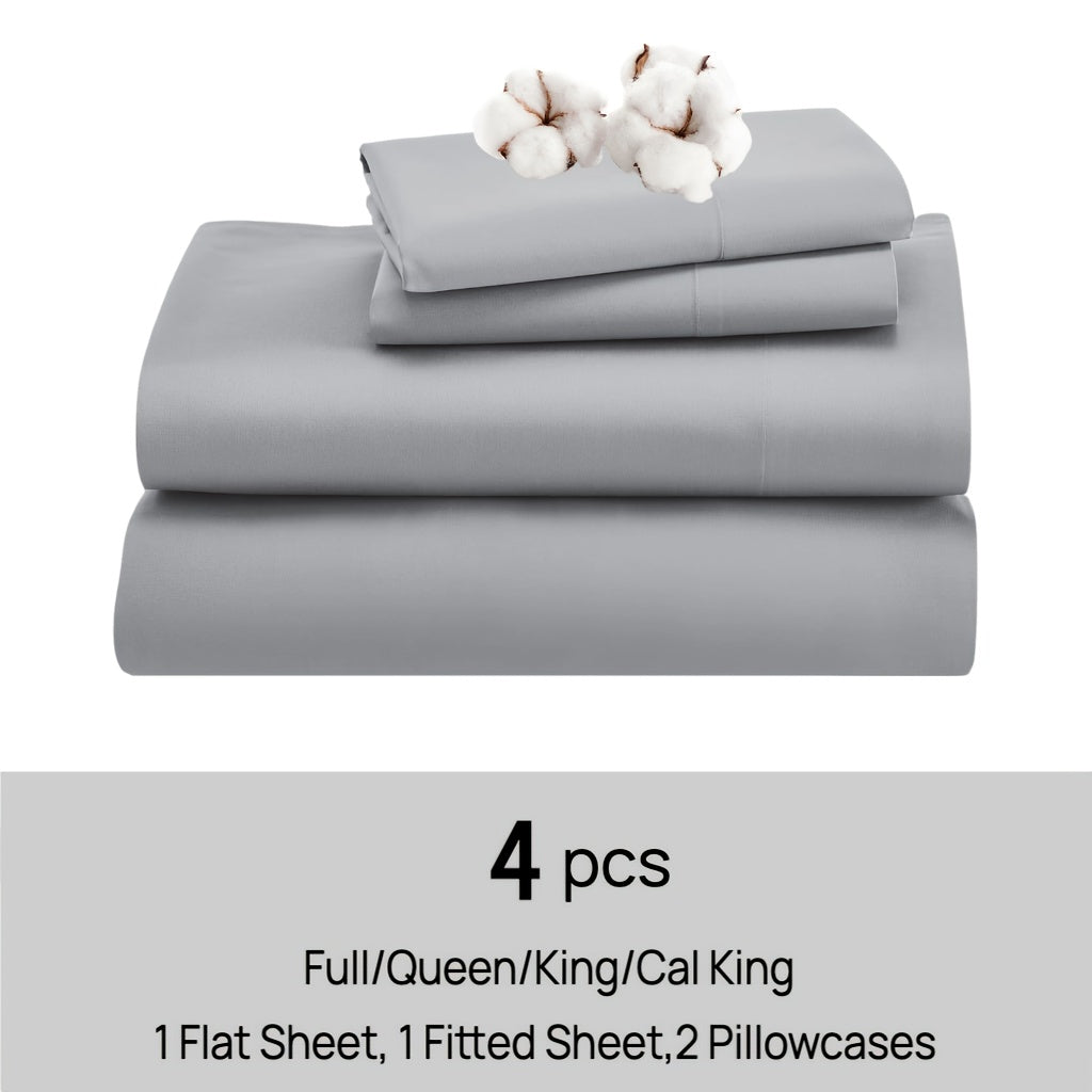 Set of 4 Sheets Made from 100% Cotton, Available in Full, Queen, King, And California King Sizes. These Luxury Cotton Bed Sheets Are Breathable And Come with Pillowcases, Featuring an 18-Inch Deep Pocket. The Set Includes 1 Fitted Sheet