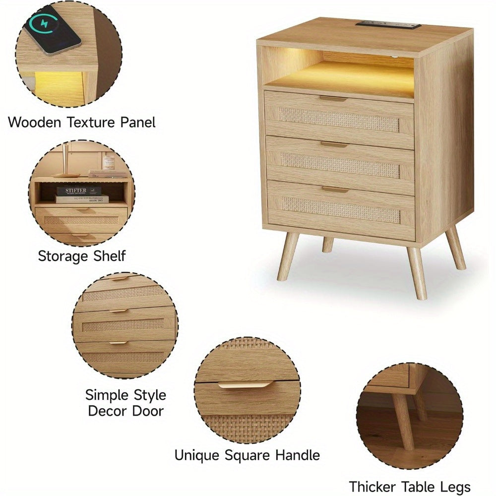 VABCHES 3 Storage Drawers Rattan Nightstand with Charging Station USB Port Led Lights 3 Storage Drawers, Bedroom Furniture Night Stand Bedside Table Bed Side Table End Table Sofa Table