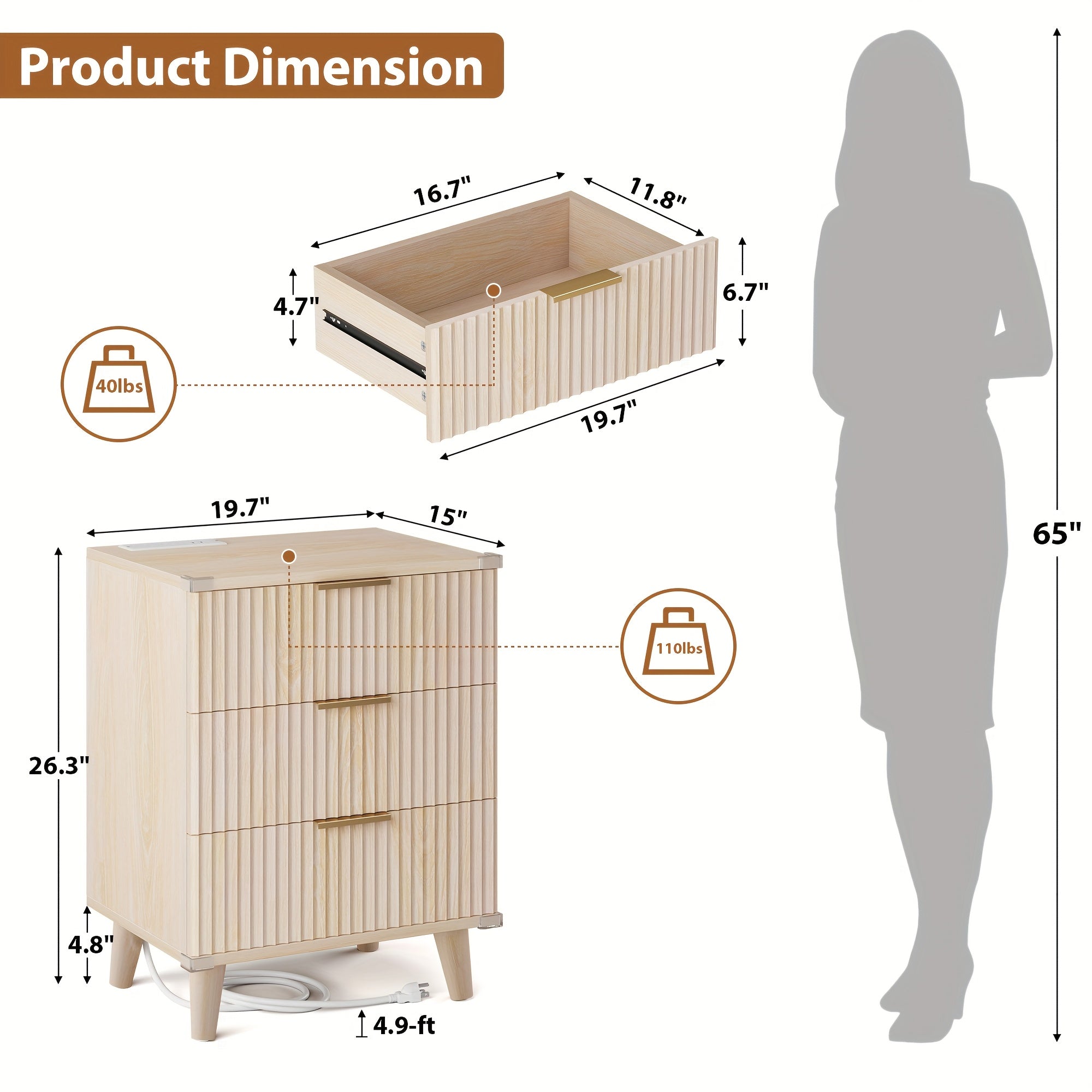 1pc Nightstand With Charging Station, Side Table With 3 Drawers, Bedside End Table With 2 USB Ports And 2 AC Outlets, Night Stand For Bedroom, Small Dresser For Small Spaces
