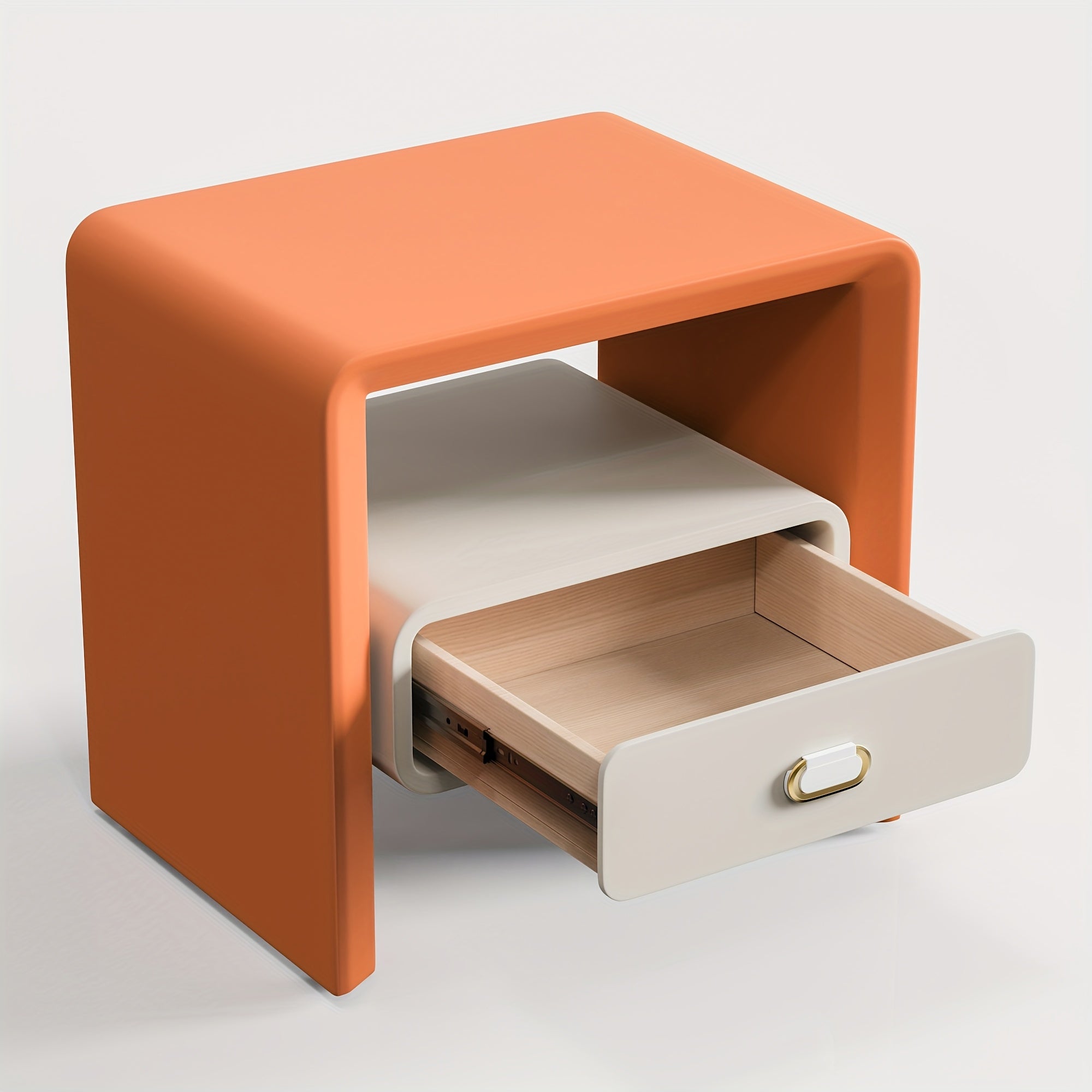 Hollow Solid Wood Nightstand With Drawers And Bedroom Storage, Bedroom Furniture, Orange + White