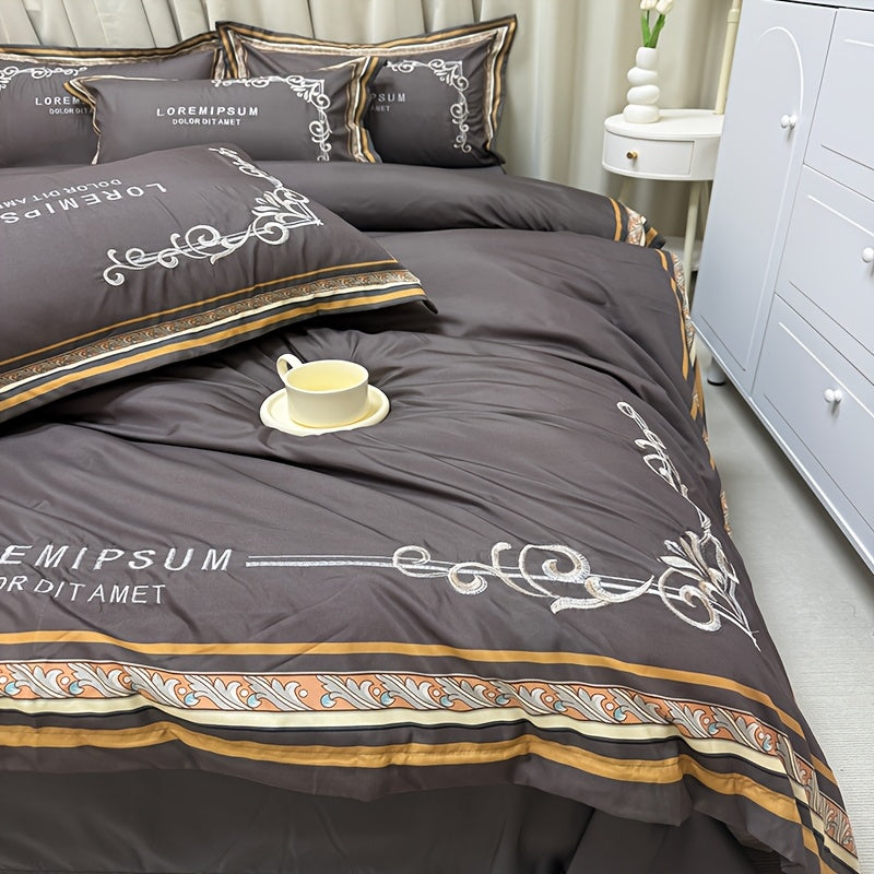 Luxurious 4pcs Bedding Set with Digital Print and Exquisite Detail - Elegant Blue and Golden Floral Design, Includes Duvet Cover, Bed Sheet, 2 Pillowcases, Machine Washable, All-Season Comfort, Duvet Insert Not Included, Bedding Set