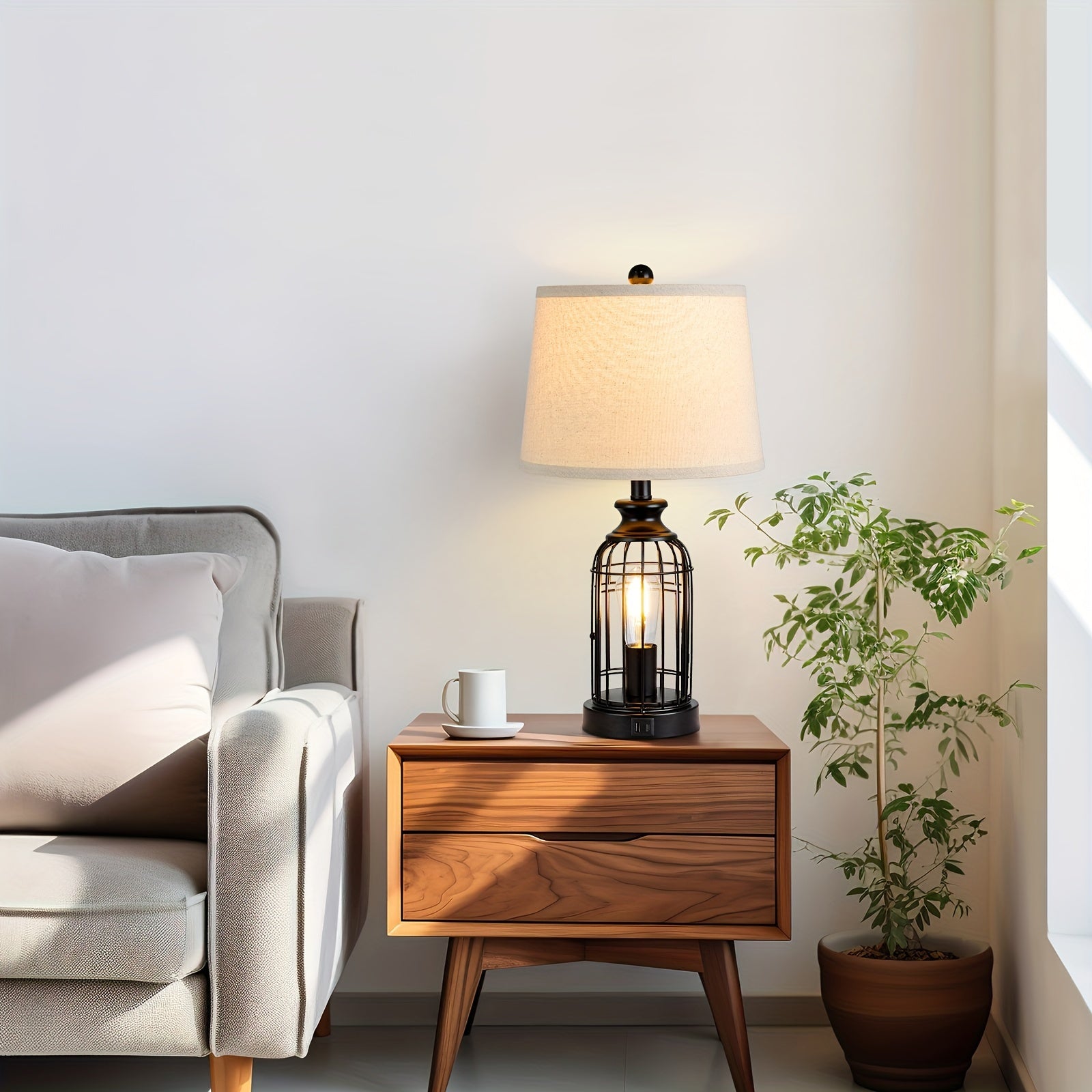 2 Set Farmhouse Table Lamps with 4 LED Bulbs, 9W Bright Rotary Switch Top Light + Touch Contorl 3 Way Dimmable Bird Cage Nightstand Light, Dual USB Ports, Natural Linen Shade, Metal, Black, 22 Inch